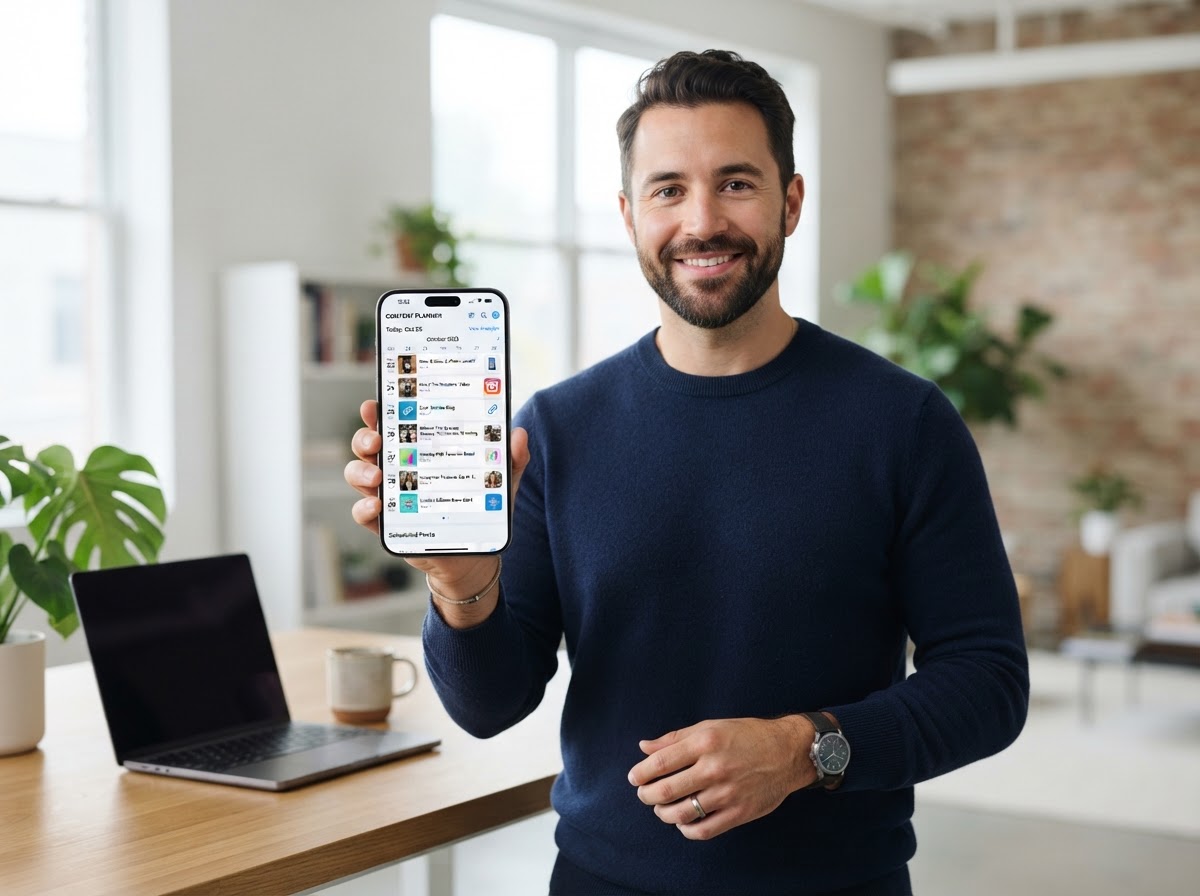 Business owner scheduling social media posts on a smartphone