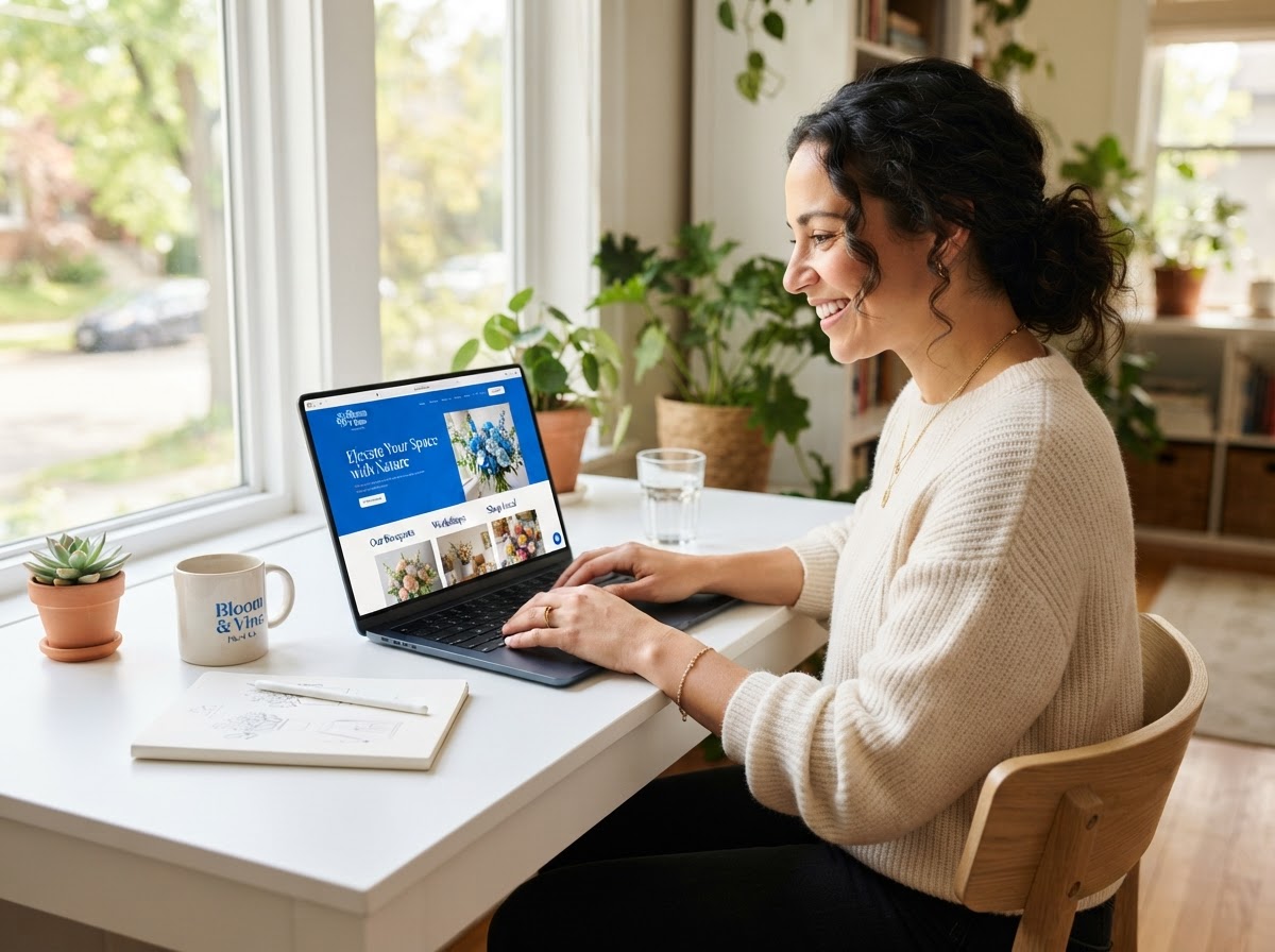 Business owner designing a professional website on a laptop
