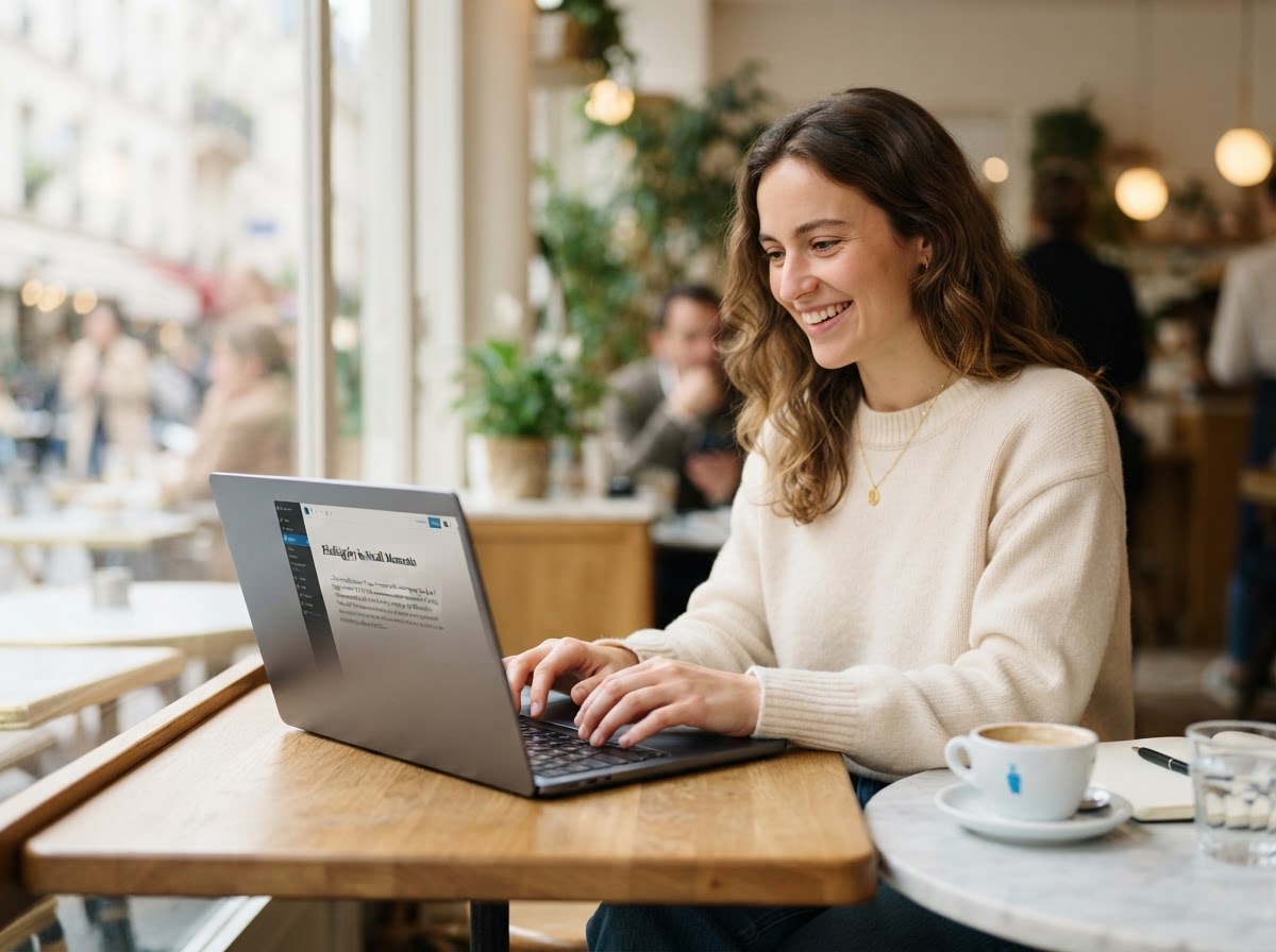 Writer composing a blog article on a laptop in a cafe