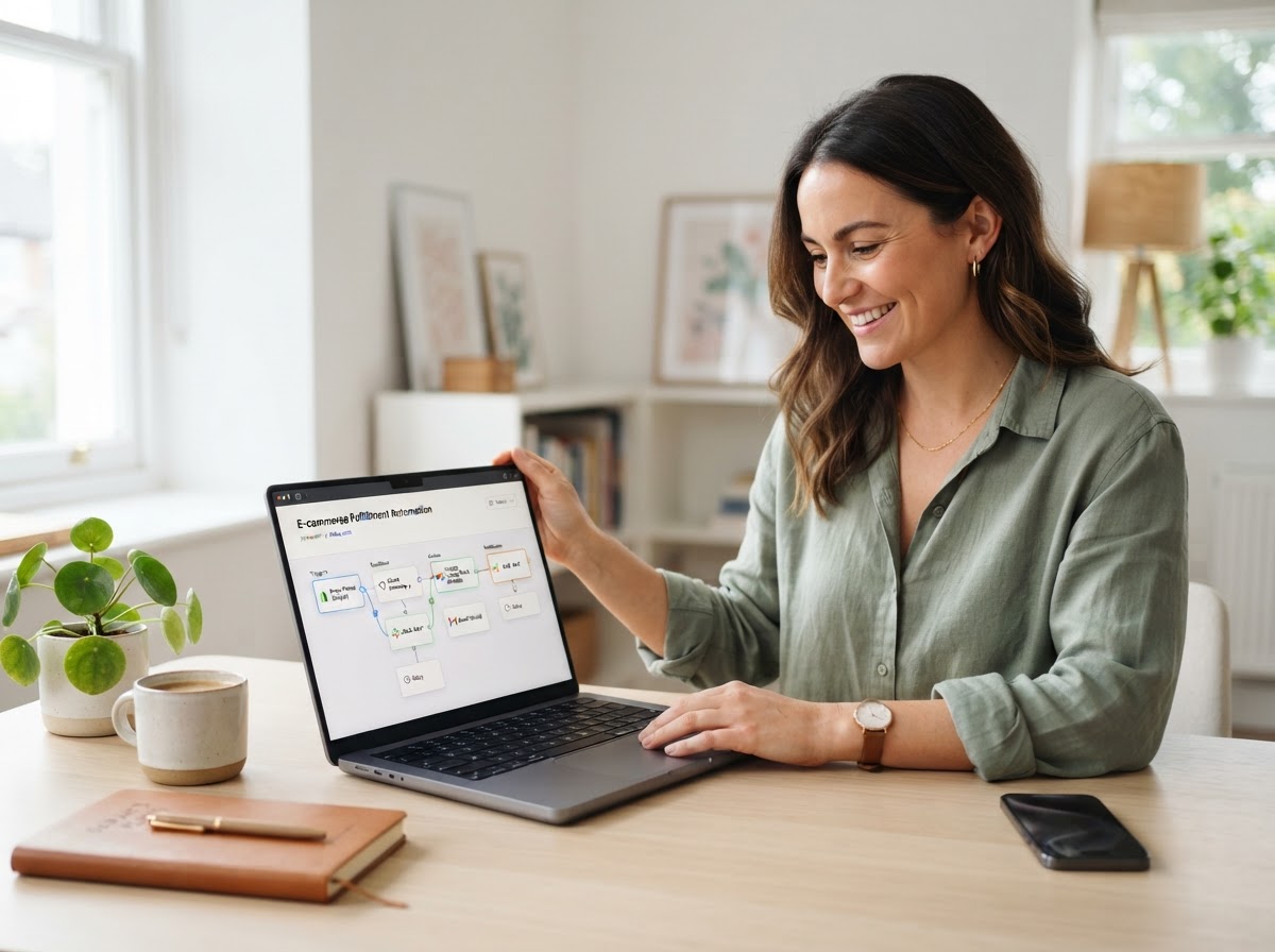 Business owner reviewing an automation workflow on a laptop
