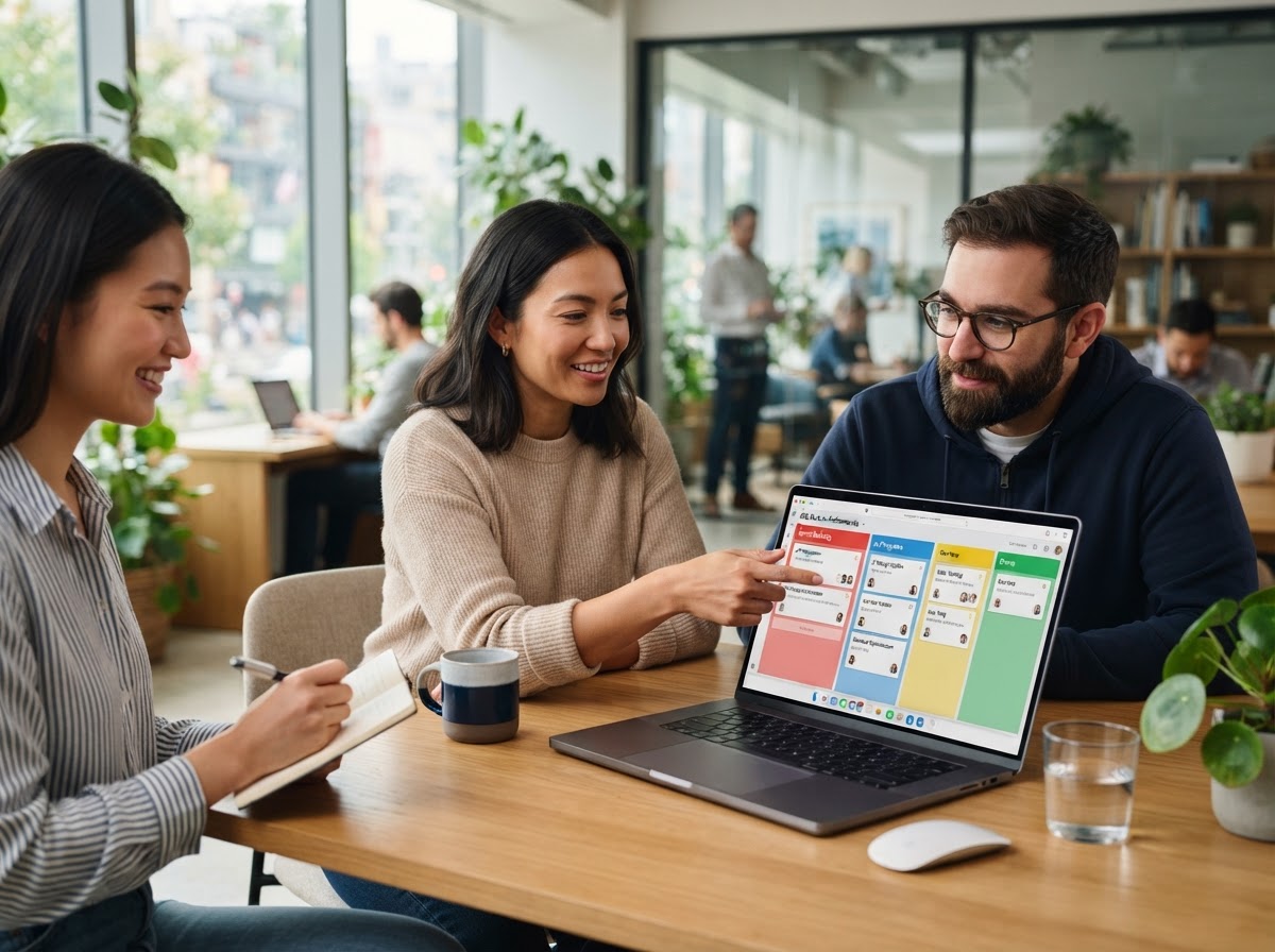 Team collaborating around a Kanban task board on a laptop