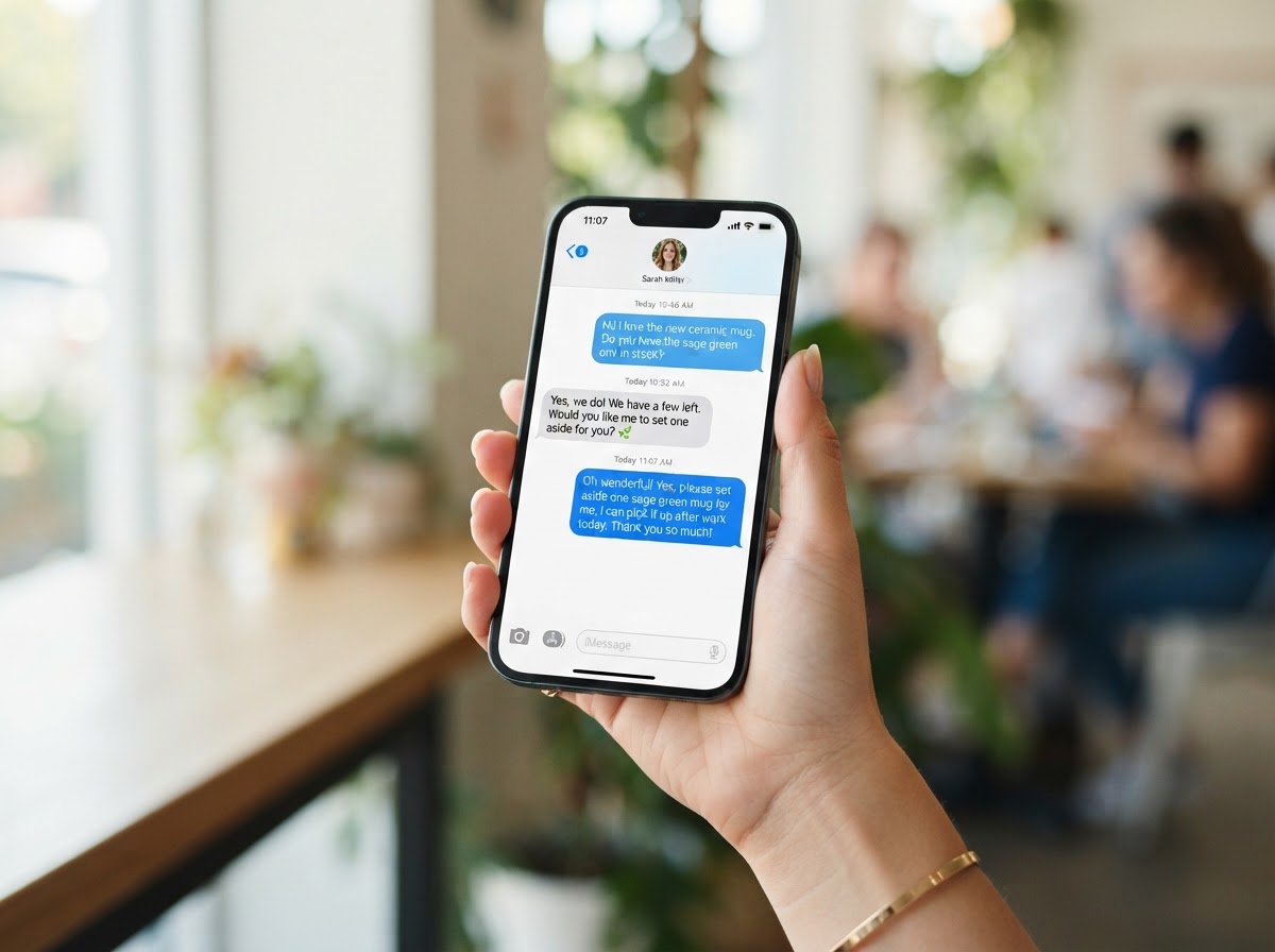 Business owner texting a customer via SMS on a smartphone