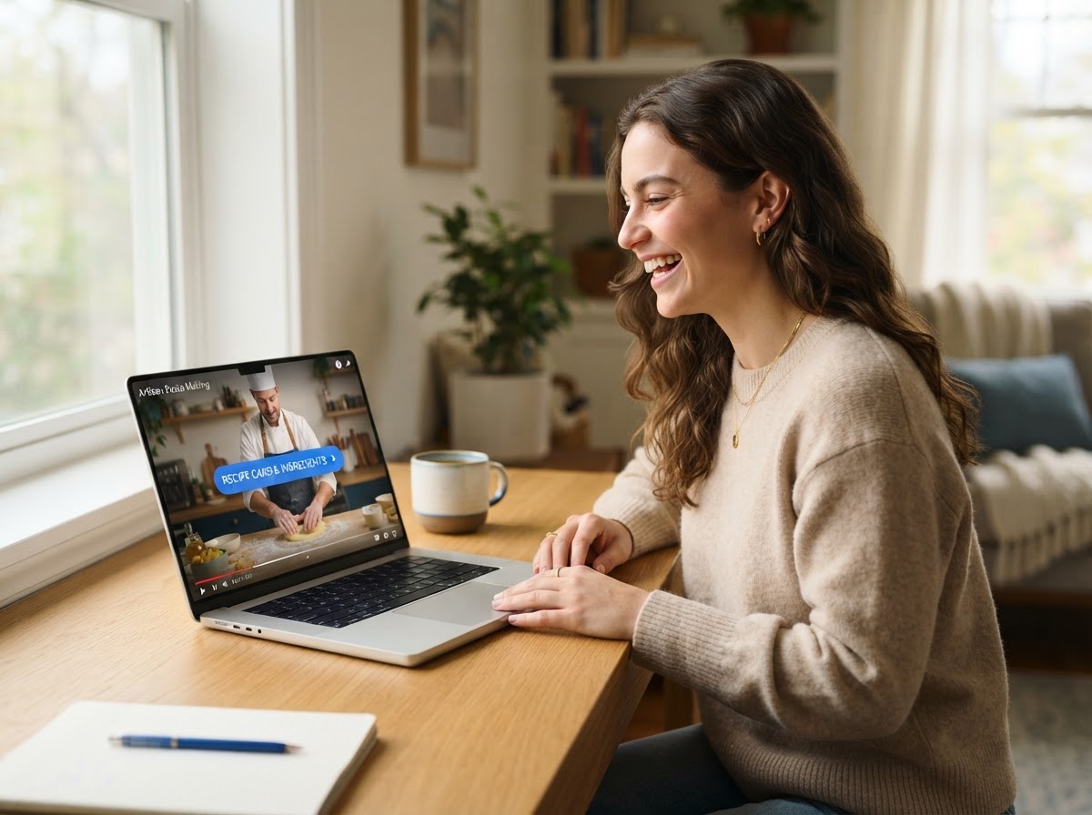 Person watching an interactive video with a call-to-action on a laptop