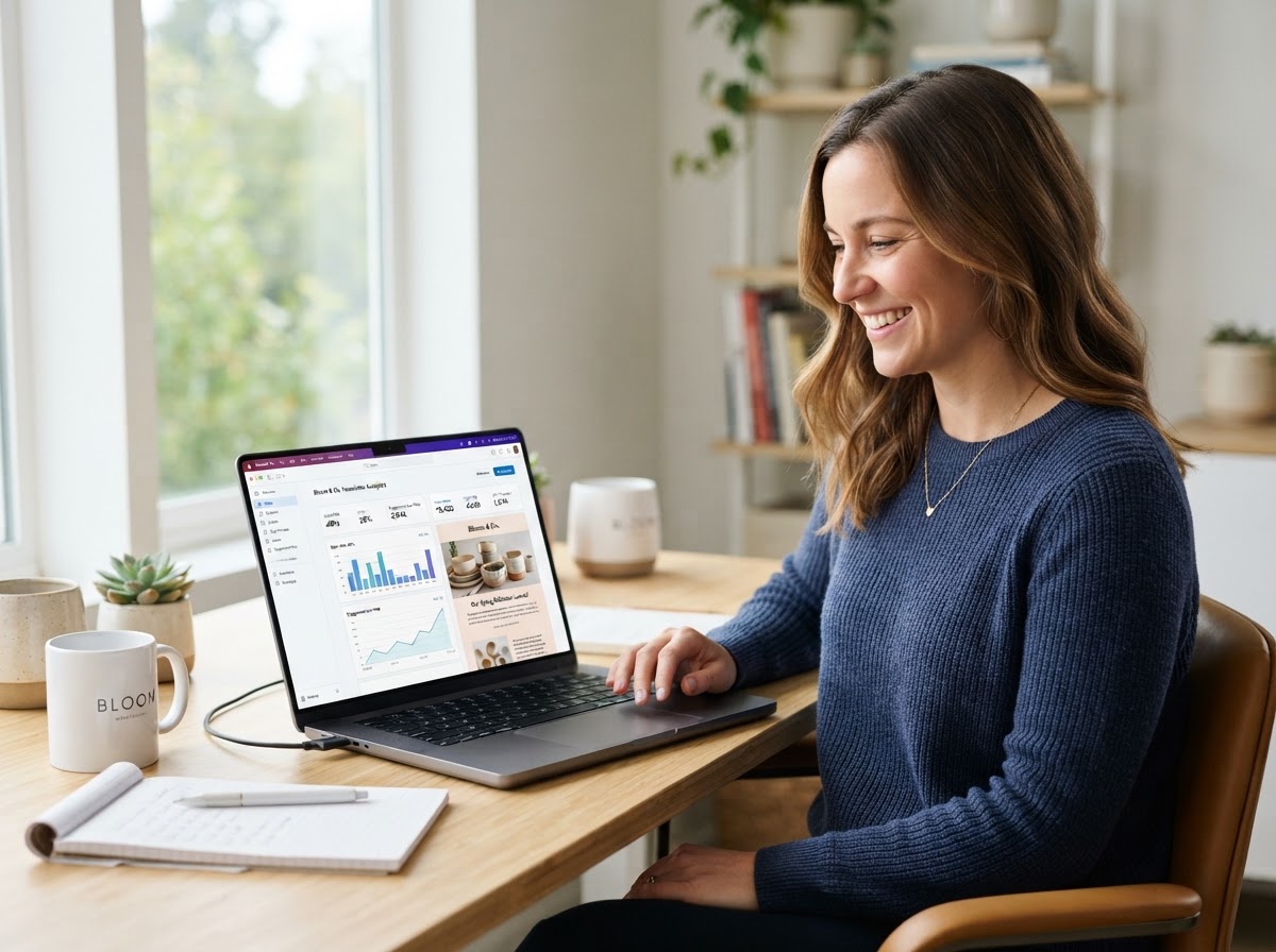 Business owner reviewing an email marketing campaign on a laptop