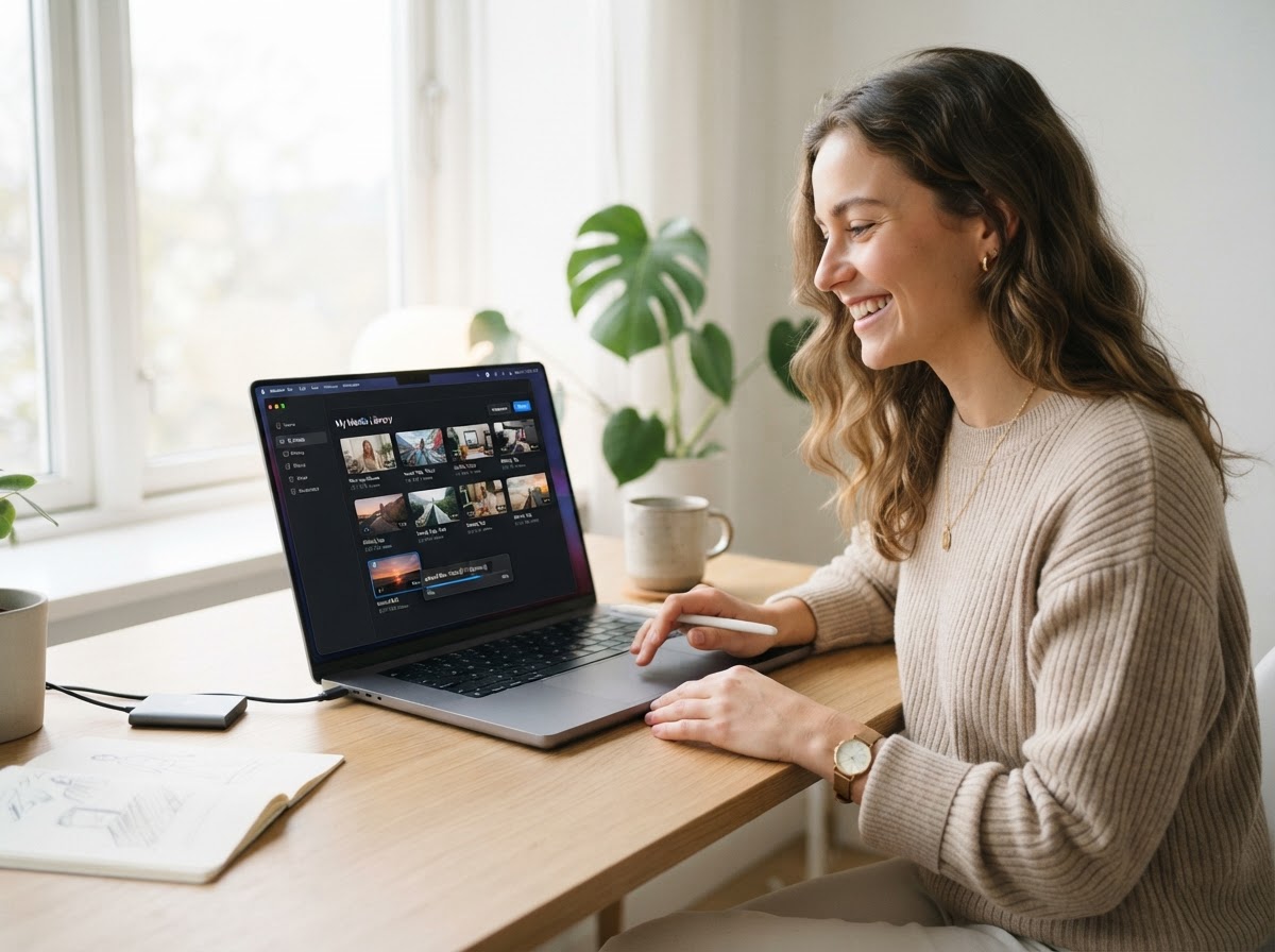 Content creator uploading a video on a laptop