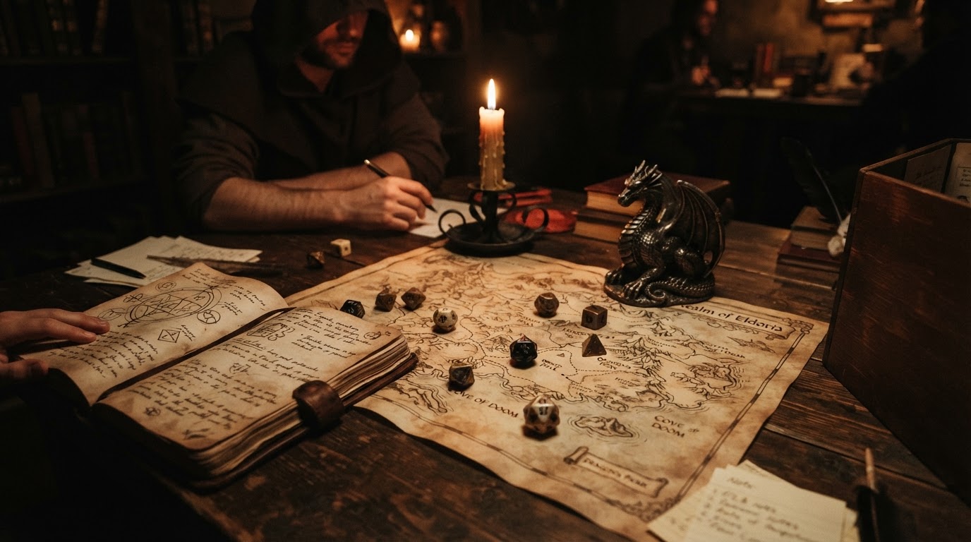 A dungeon master's table lit by candlelight with dice, maps, and a spellbook