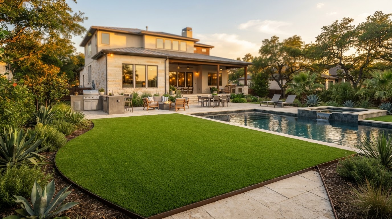 Professionally installed lush green artificial turf backyard in Austin, Texas with pool and patio