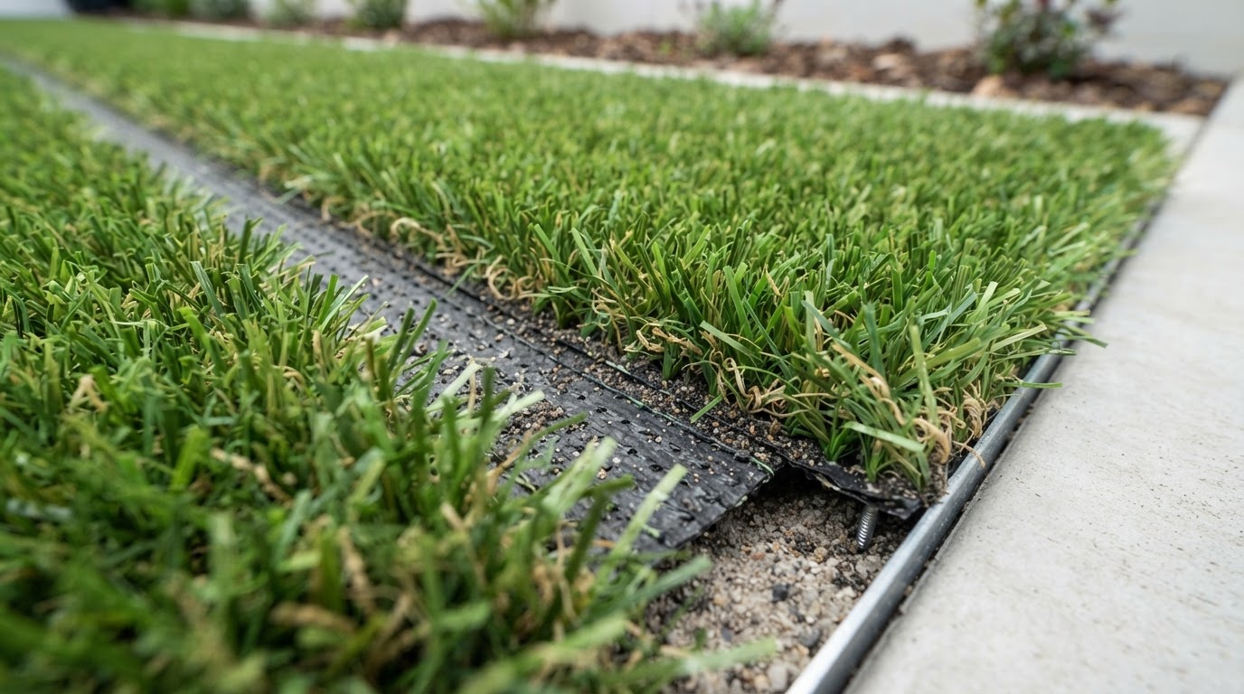 Close-up of professional artificial turf seaming and secure edges