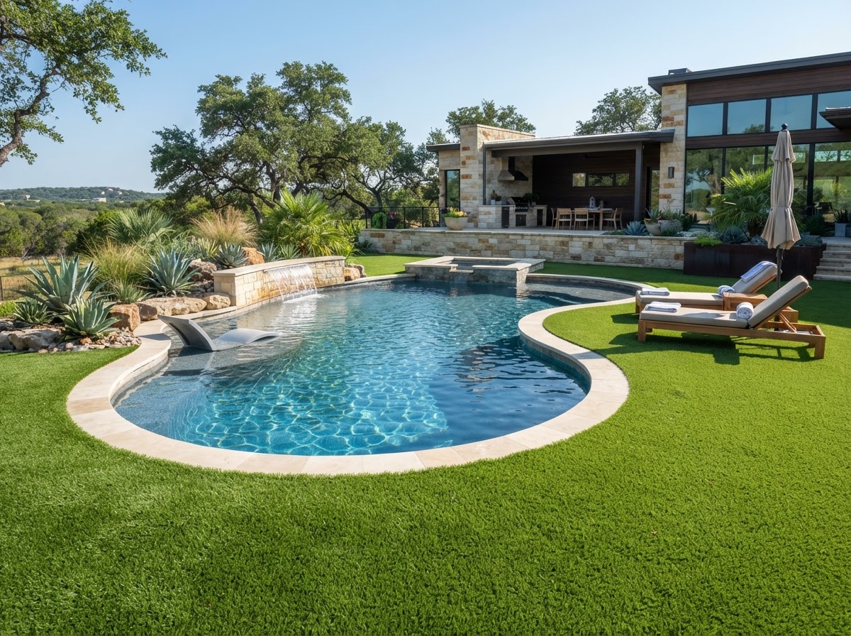 Artificial turf installed in pool surroundings in Austin, Texas