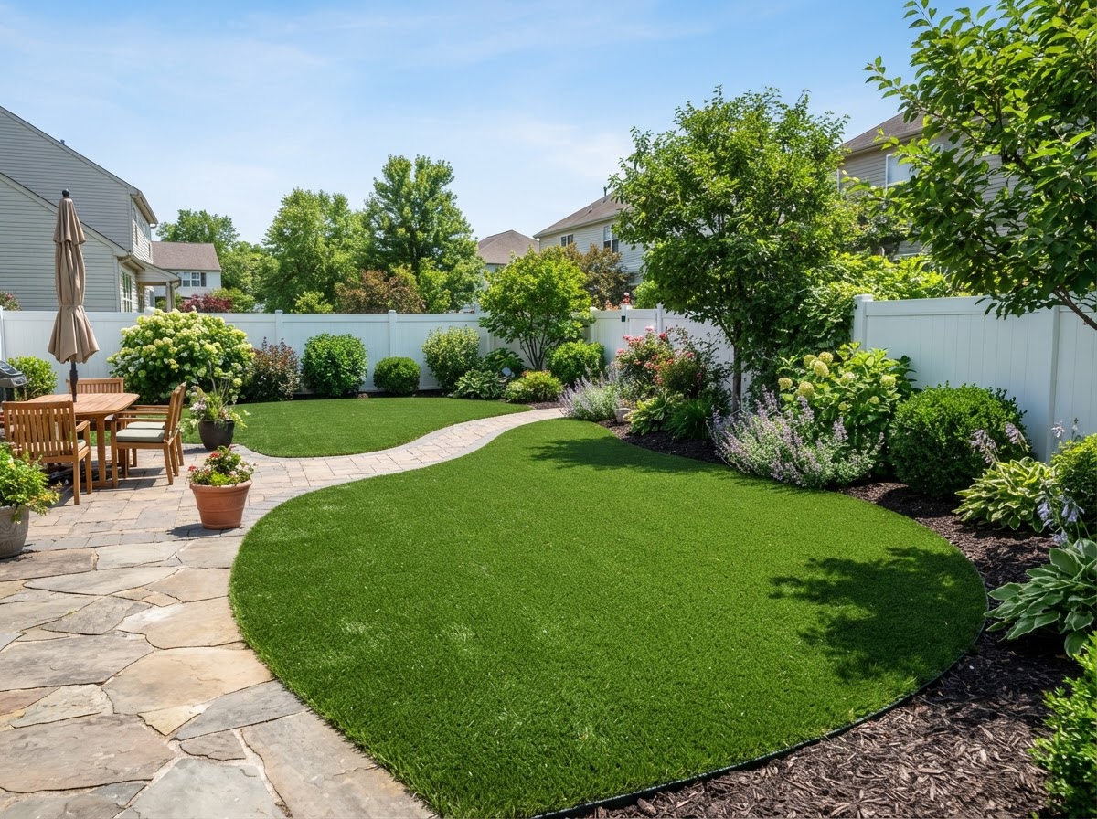 After: same yard transformed with lush green professionally installed artificial turf