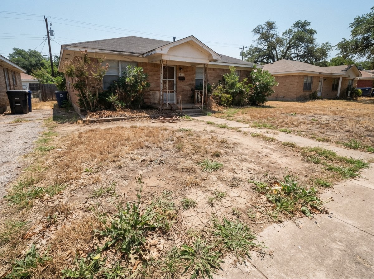 Before: patchy dead brown grass yard with bare dirt and weeds in Austin Texas