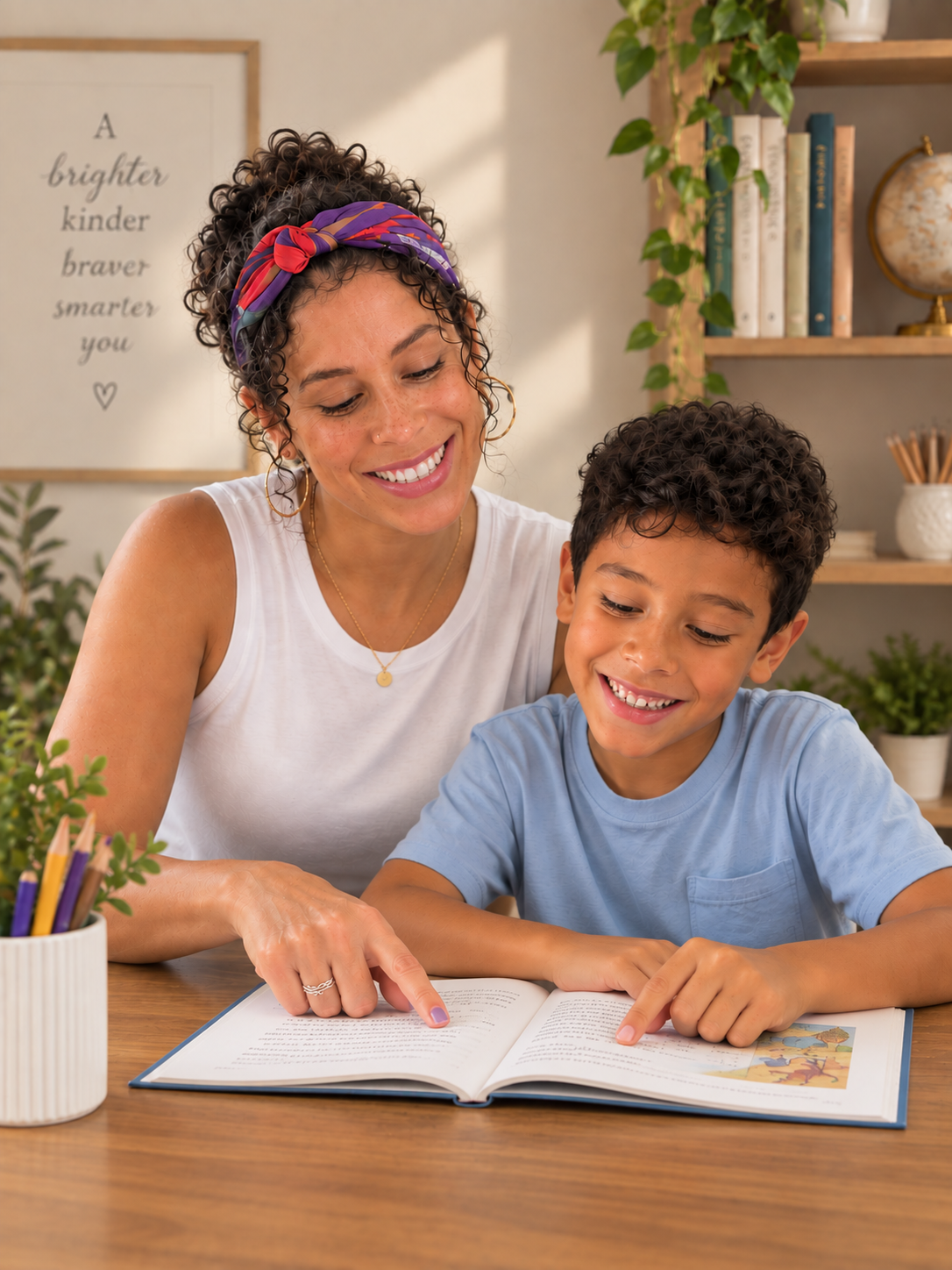 Educator reading and guiding a smiling young student with an open book