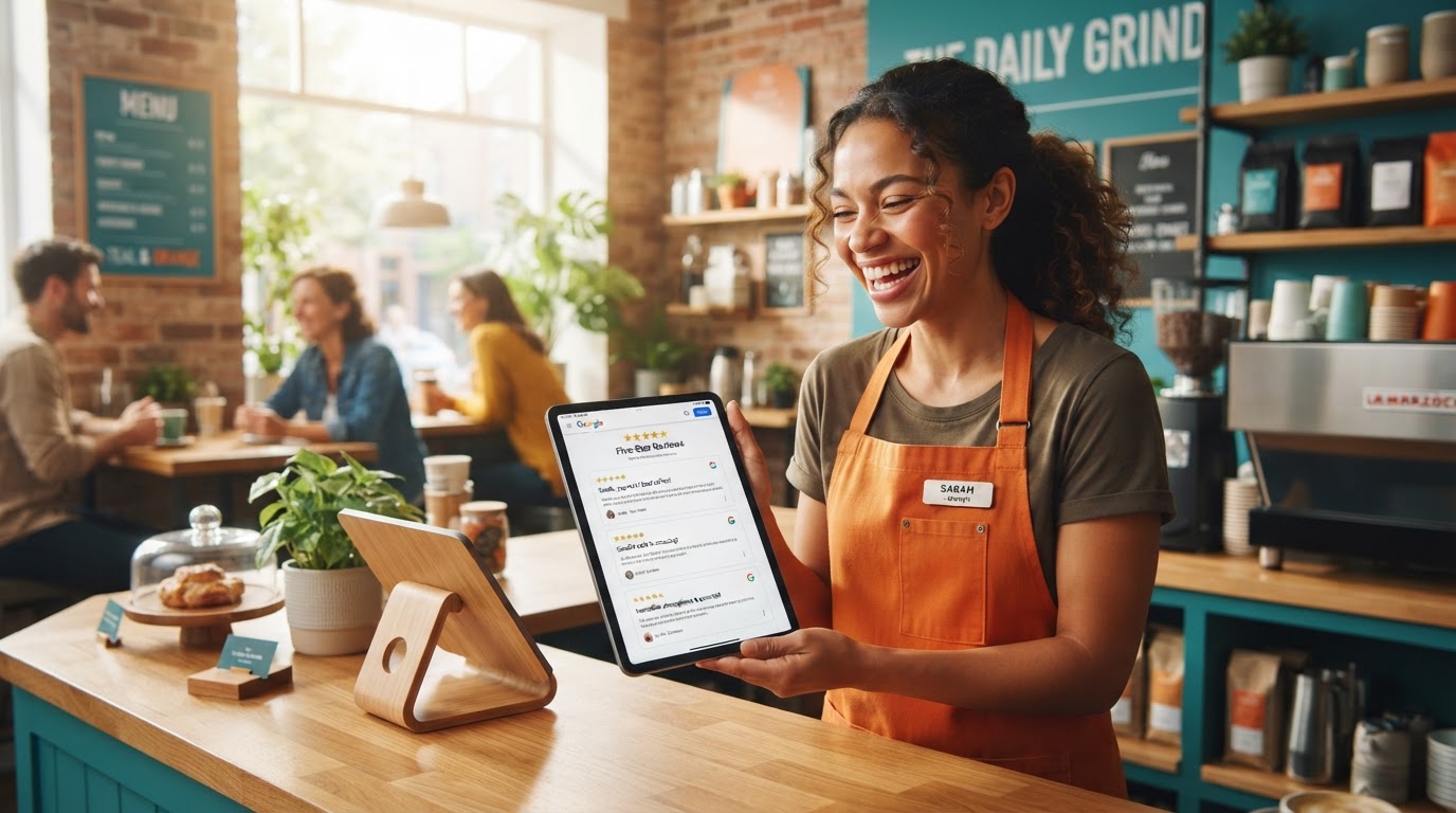 Local business owner smiling at a tablet showing five-star Google reviews