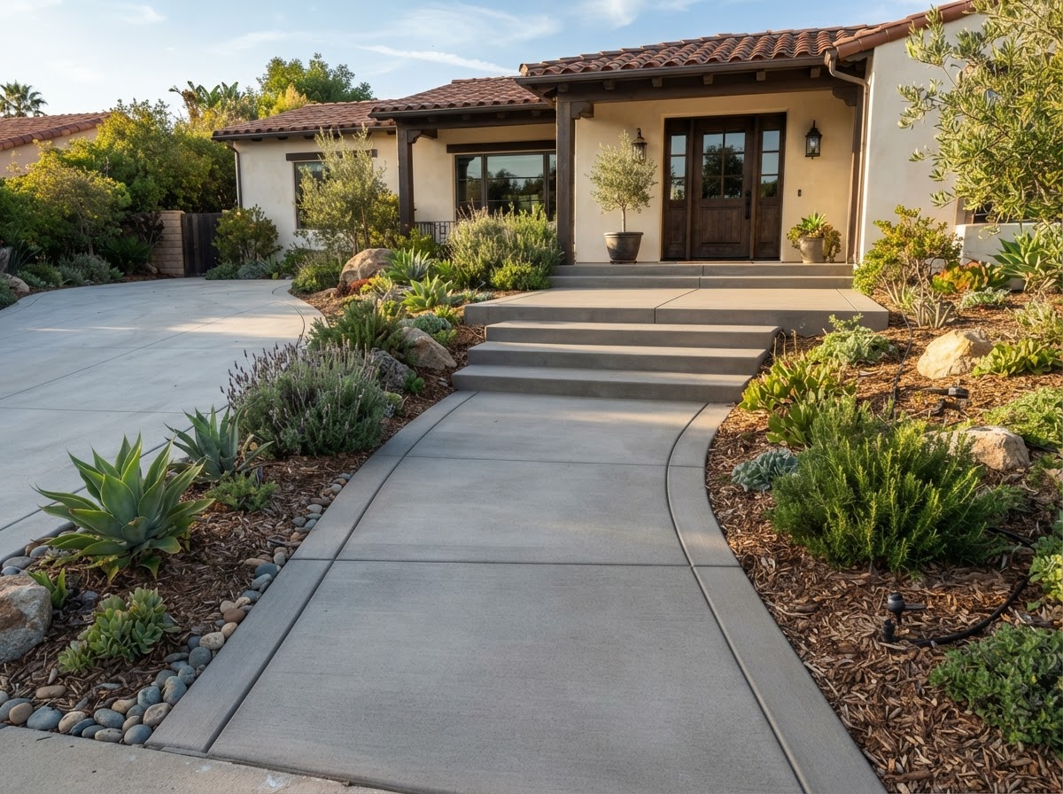 Residential concrete walkway and entry steps with broom finish in Redondo Beach
