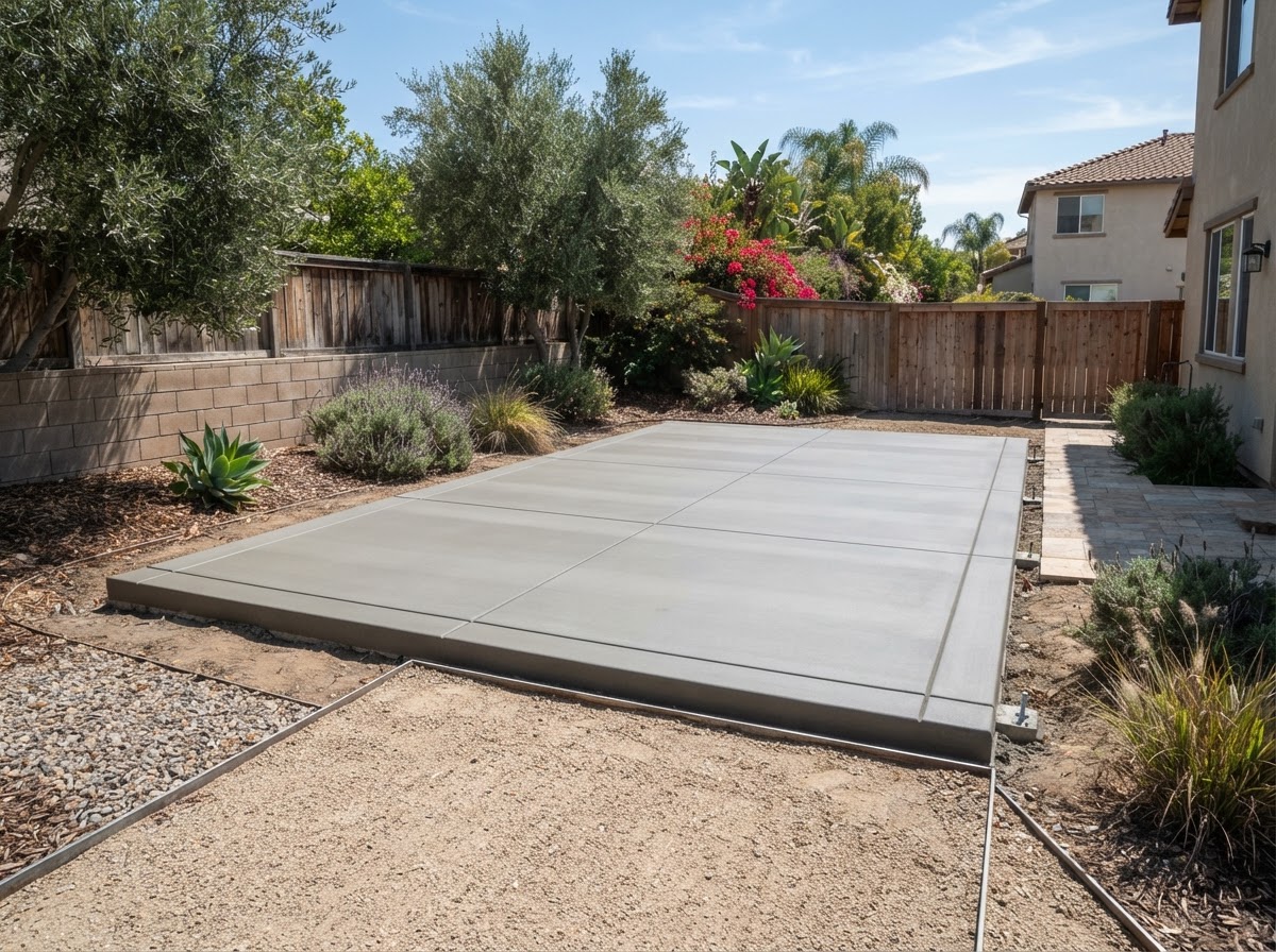 Finished concrete shed slab and accessory structure foundation