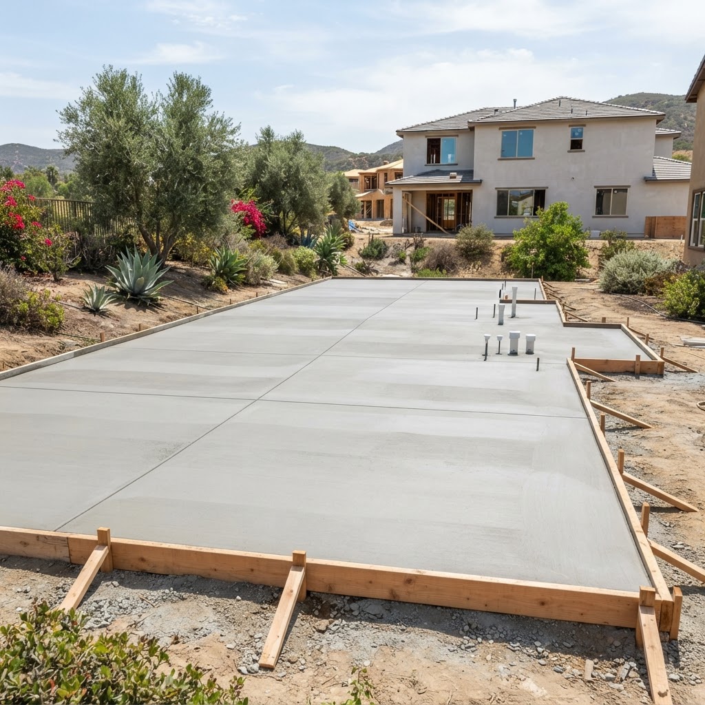 Newly poured residential concrete foundation and slab with formwork