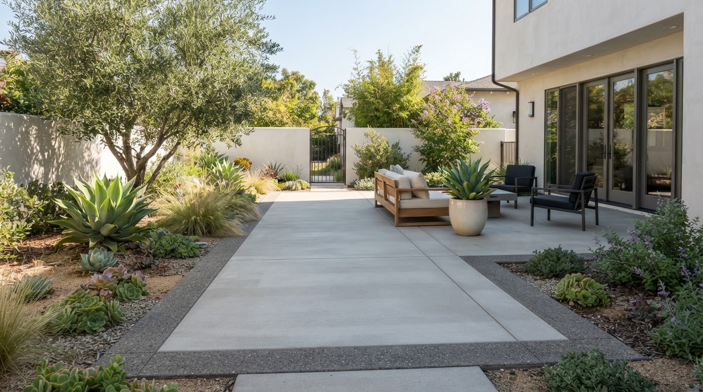 Modern decorative concrete patio with clean finish and defined border