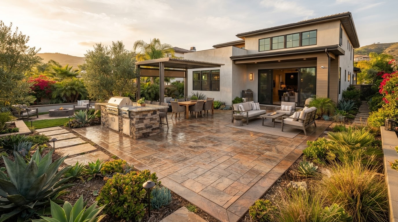 Stamped concrete patio with stone-inspired pattern