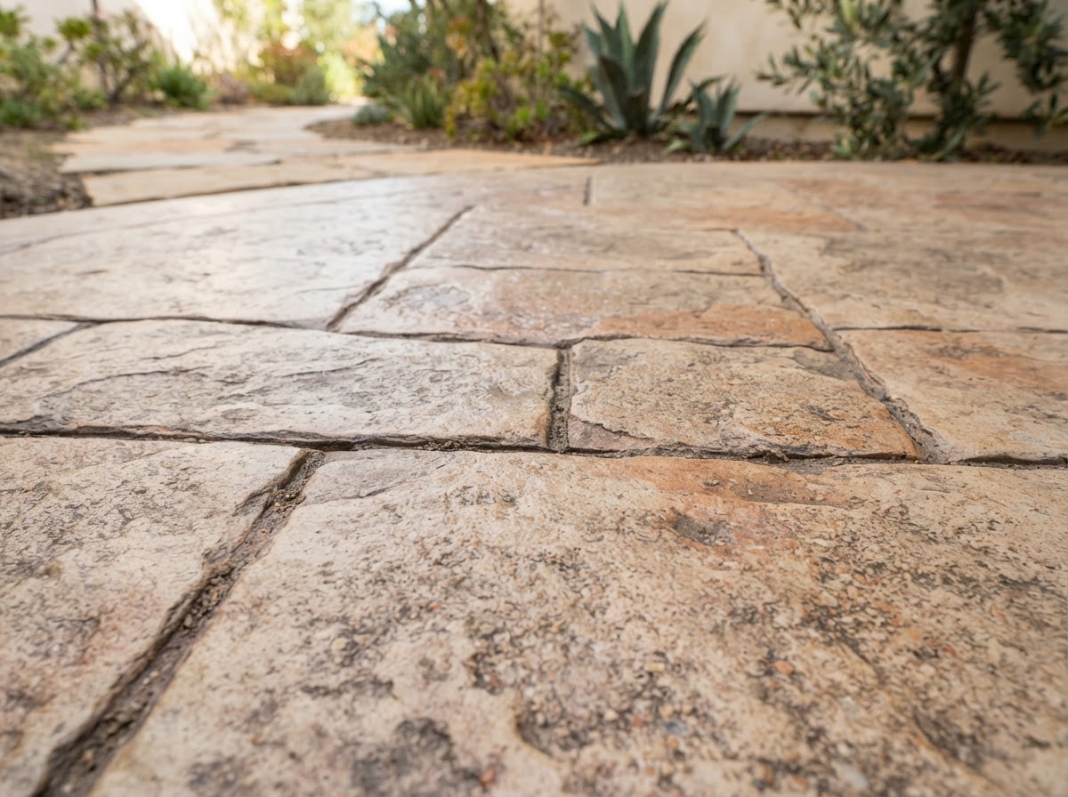 Close-up of stamped concrete surface showing stone texture and color detail