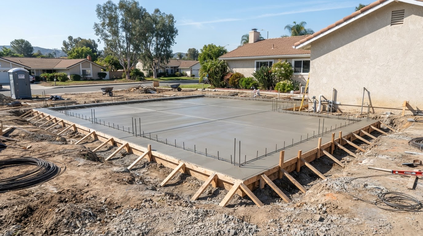 Completed residential concrete foundation and slab with formwork
