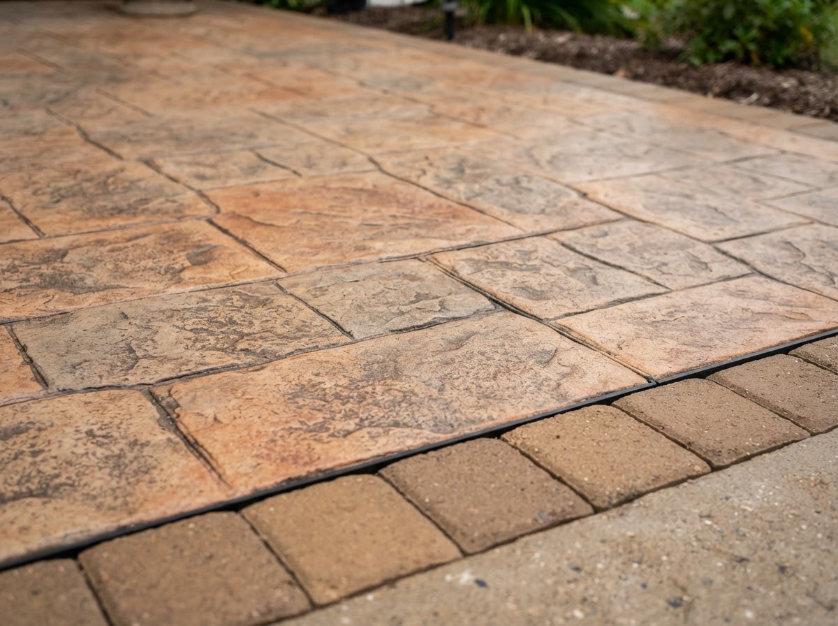 Close-up of finished stamped concrete surface with stone texture and color variation