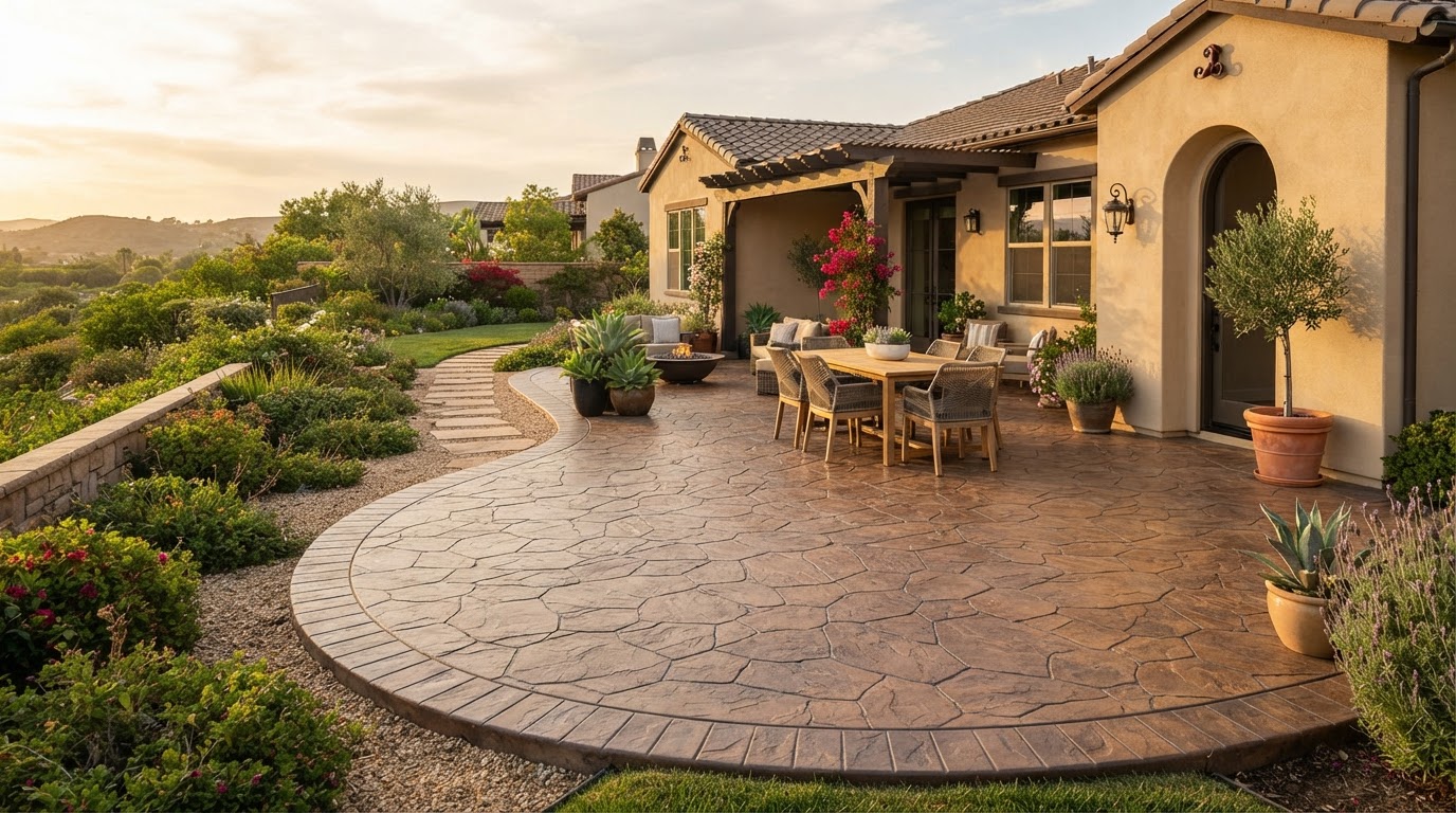 Decorative stamped concrete patio with warm brown slate-inspired texture