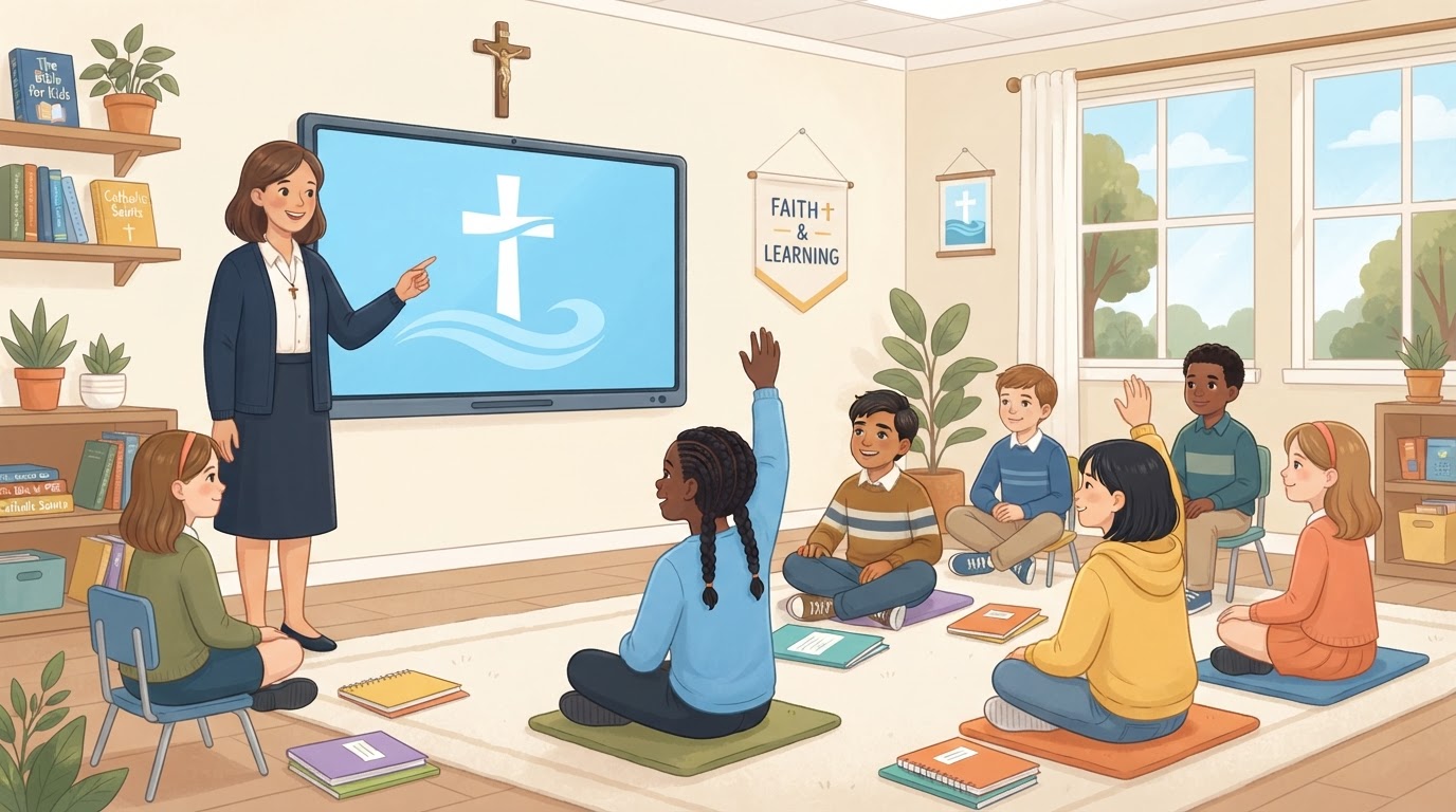 A catechist teaching children using a digital classroom presentation