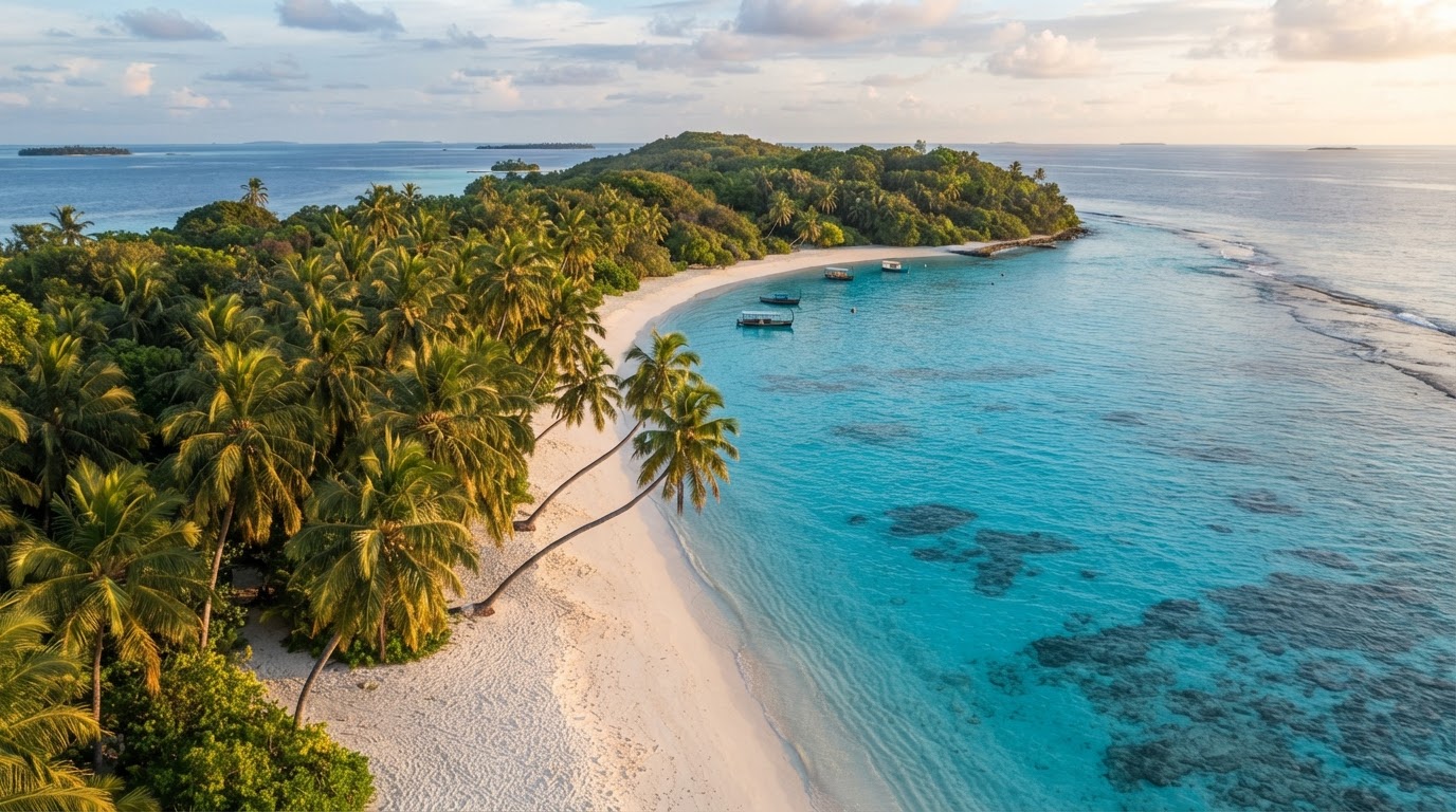 Pristine tropical beach with leaning palms