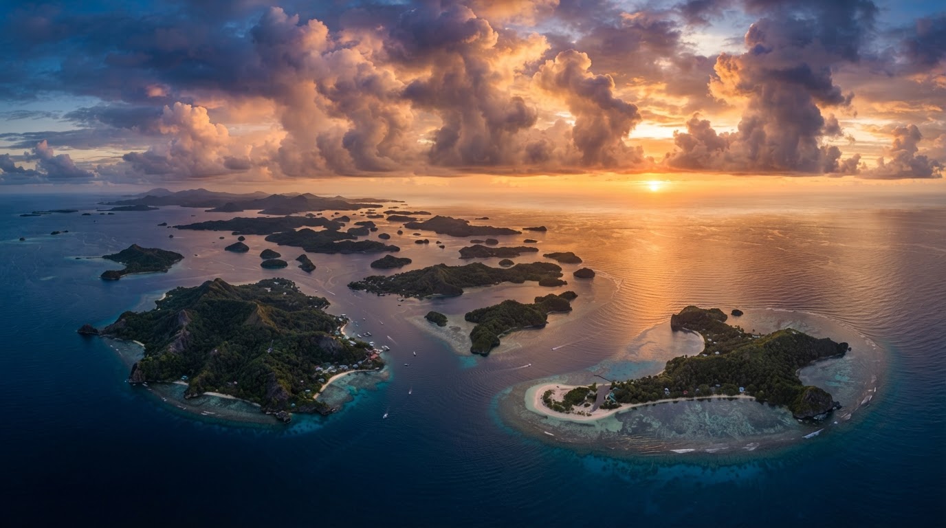Tropical archipelago seen from altitude at sunset