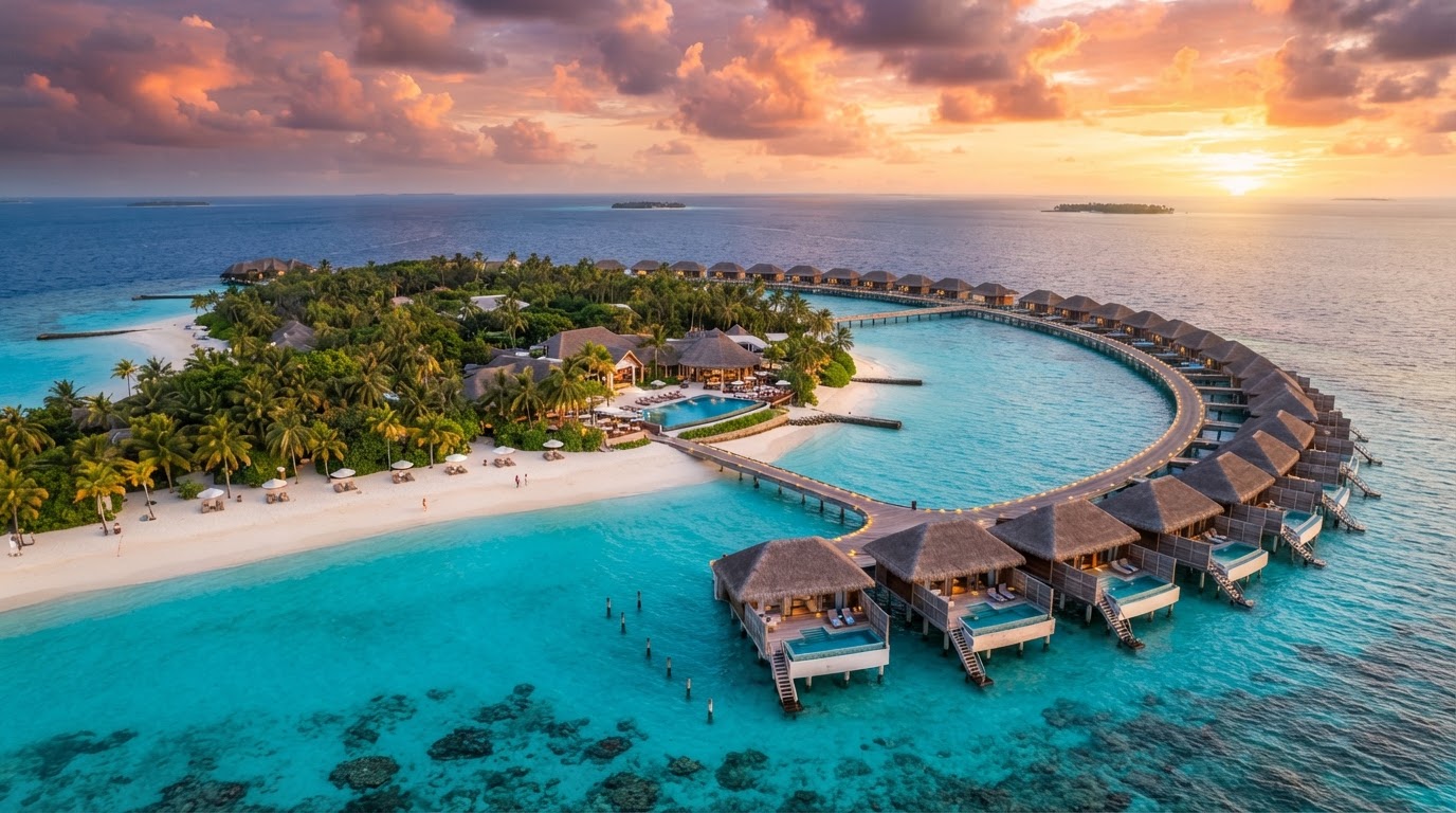 Aerial view of a luxury private island resort at golden hour