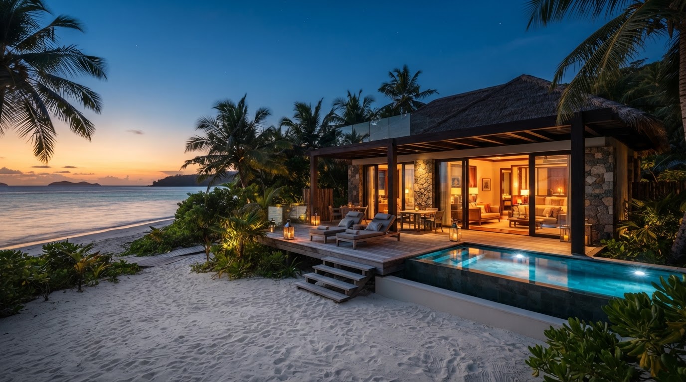 Beachfront villa glowing at twilight