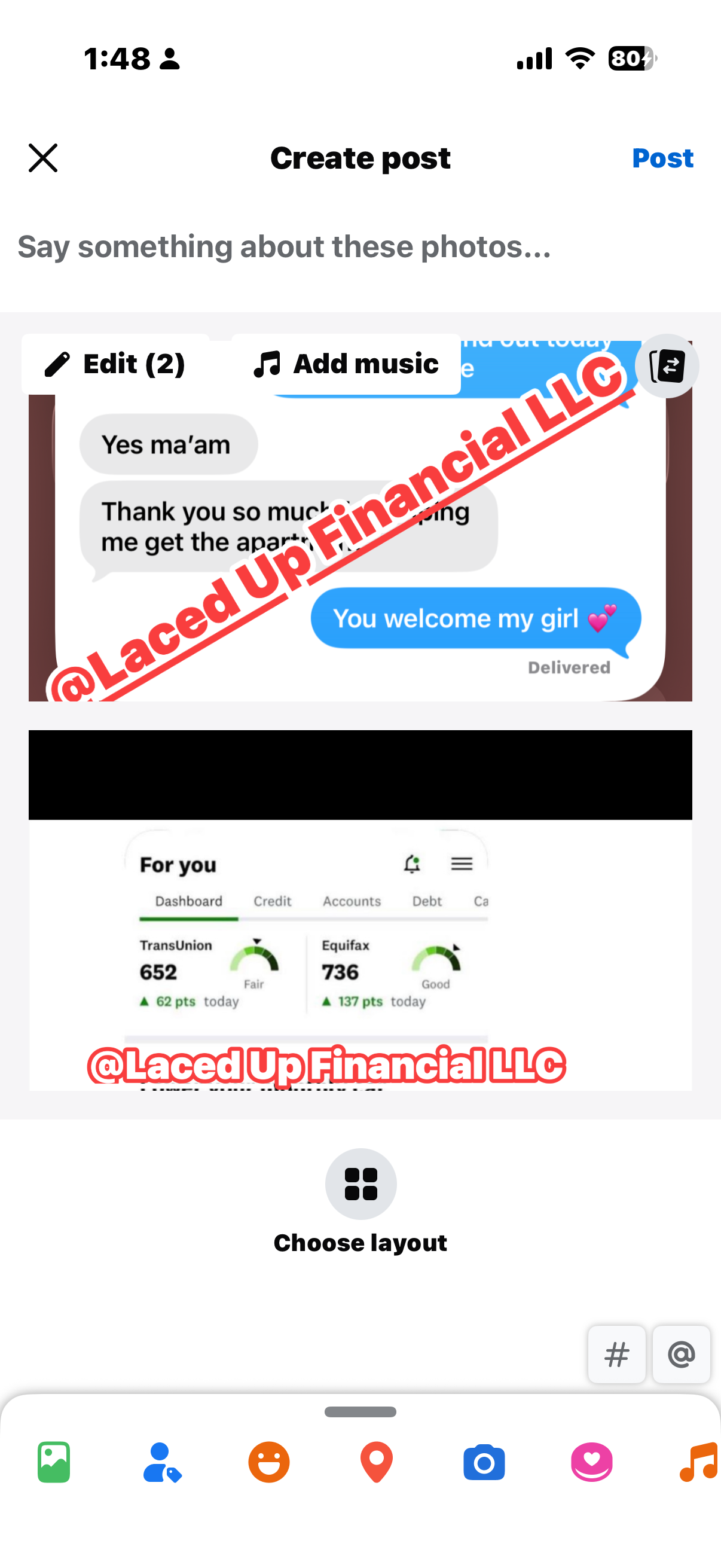 Client text thanking Laced Up Financials for helping get the apartment, with TransUnion 652 (+62) and Equifax 736 (+137) score proof