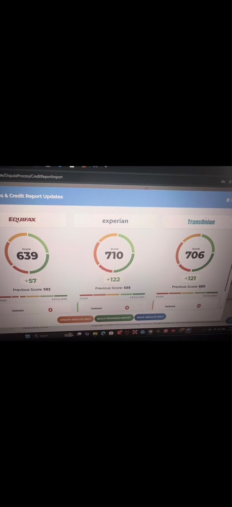 Credit report portal showing Equifax 639 (+57, prev 582), Experian 710 (+122, prev 588), TransUnion 706 (+121, prev 585)