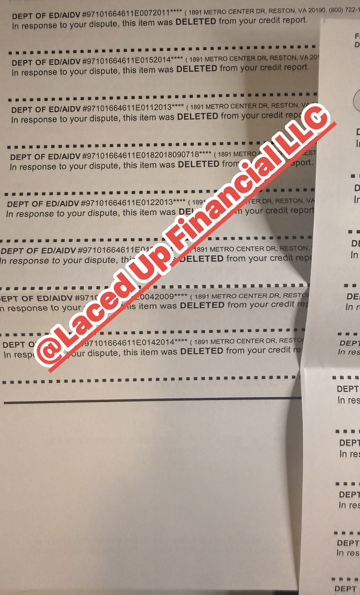 Department of Education / Aidv deletion letter showing multiple items deleted from credit report with Laced Up watermark