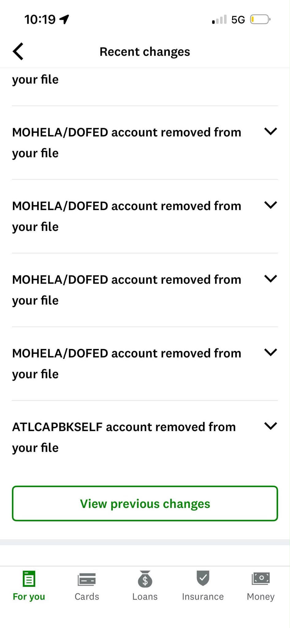 Credit report showing additional MOHELA / DOFED and ATLCAPBKSELF accounts removed from file