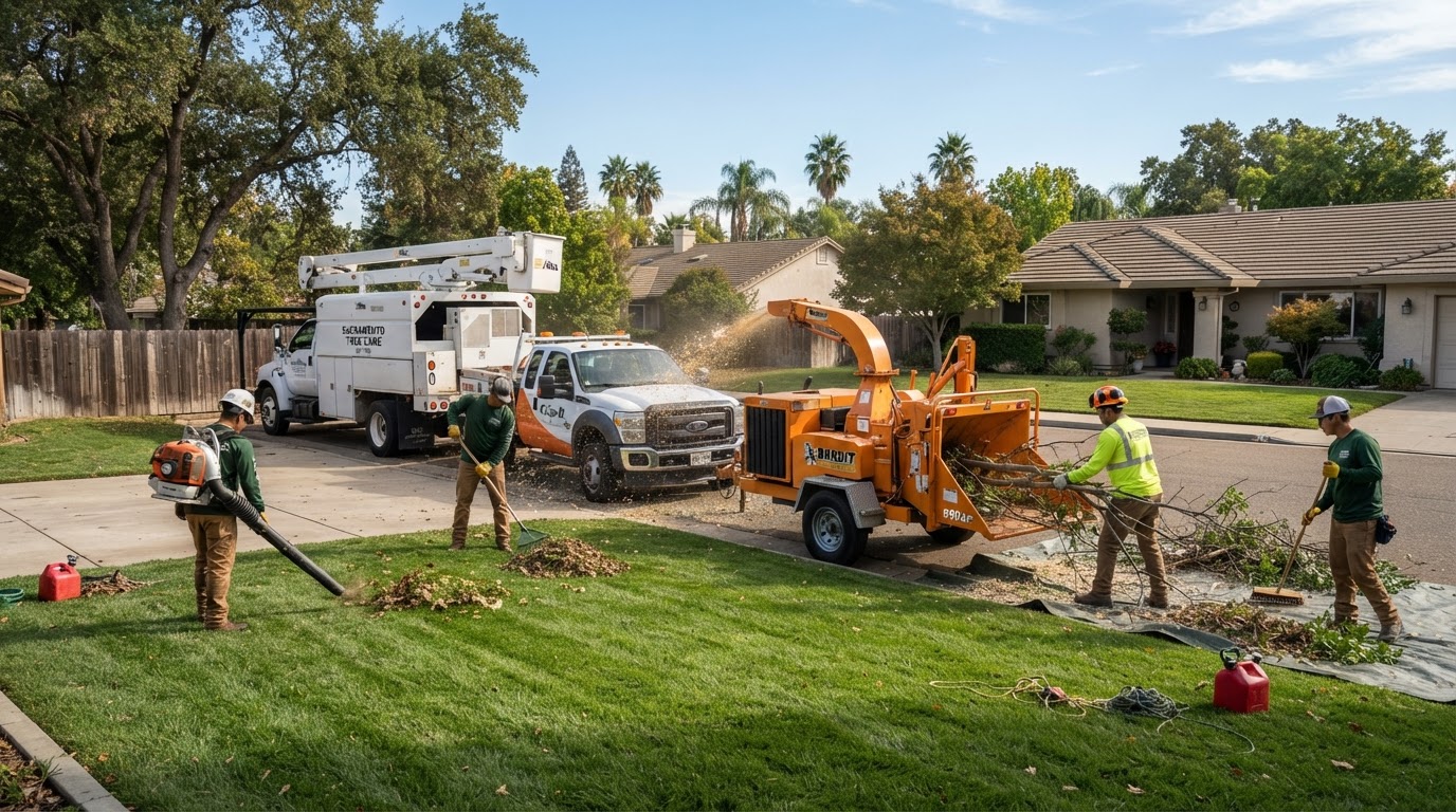Honey Bee Tree Service crew cleaning up a Sacramento yard after tree removal