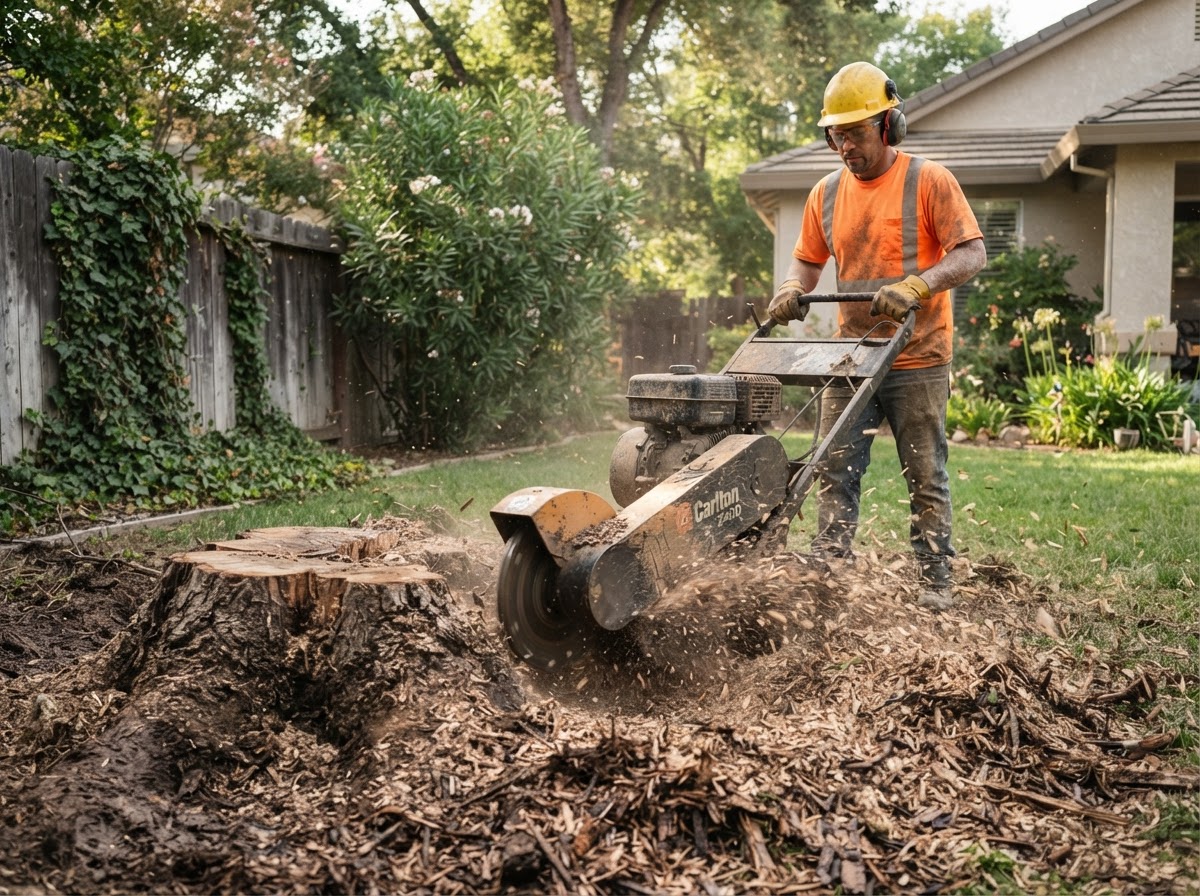 Honey Bee Tree Service stump grinding in a Sacramento backyard