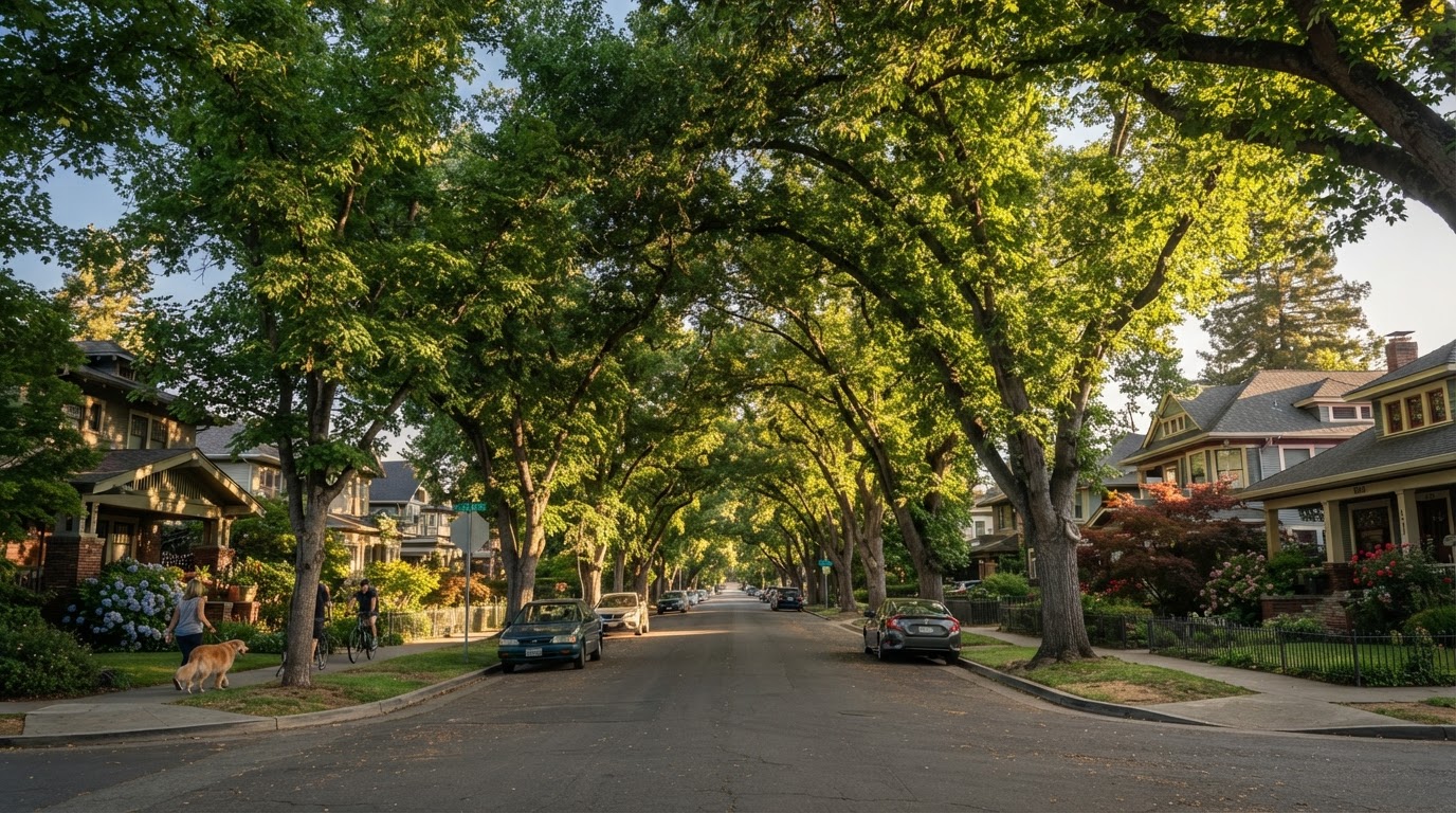 Tree-lined Sacramento, California street canopy cared for by Honey Bee Tree Service