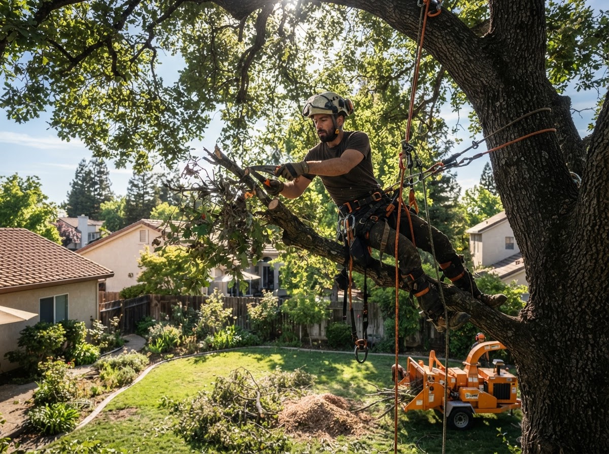 Honey Bee Tree Service arborist trimming a mature valley oak in Sacramento, CA