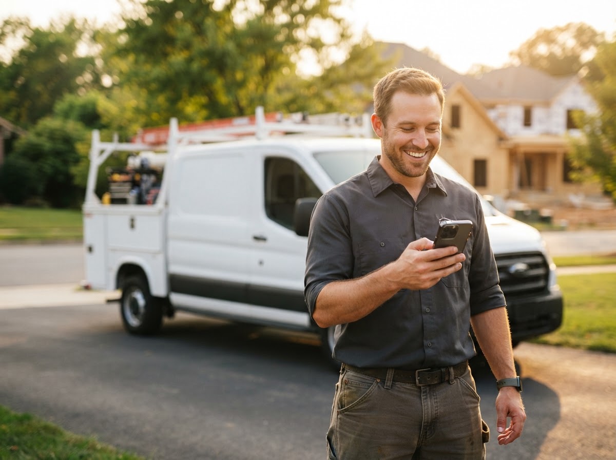 Small business contractor using Ozlon marketing system on a smartphone