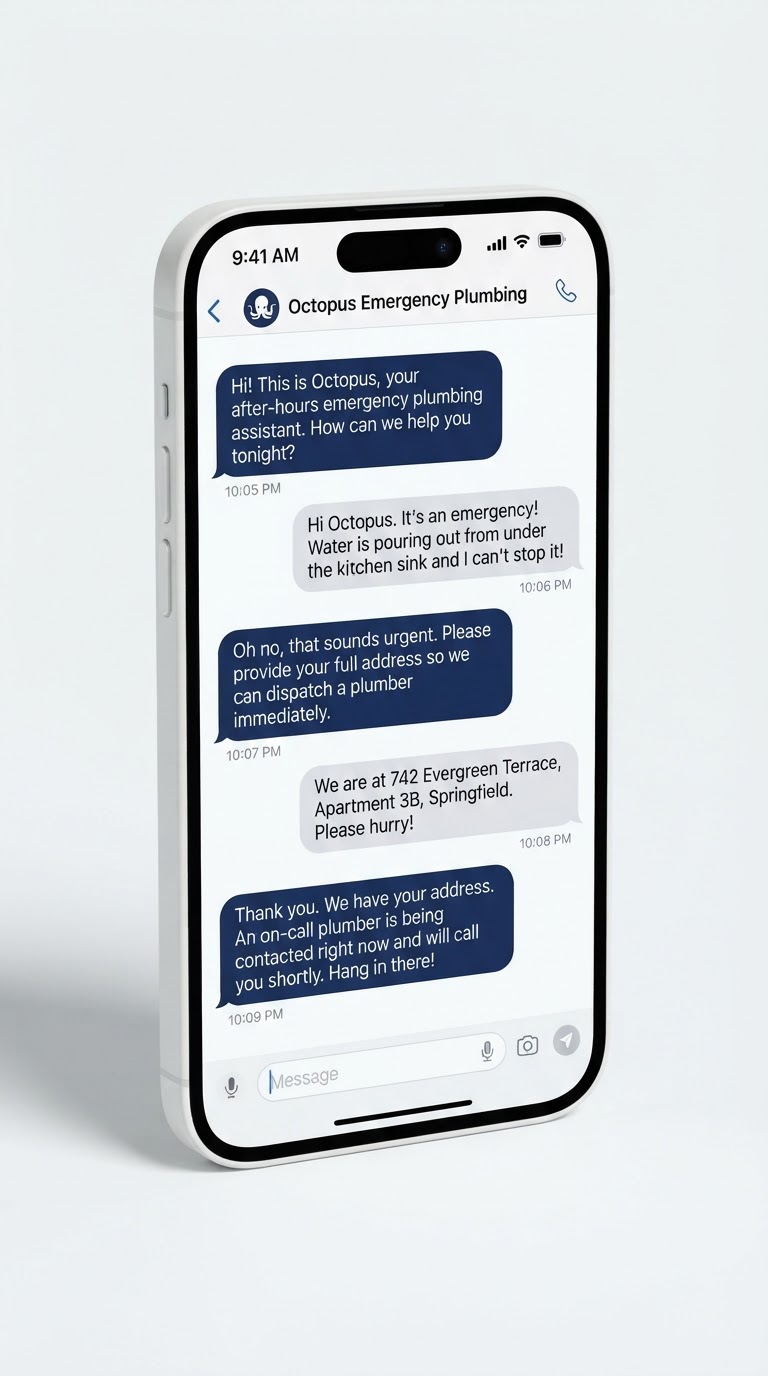 A text conversation between the Octopus AI assistant and a homeowner handling an after-hours plumbing emergency