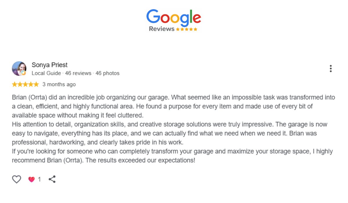 Google review from Sonya Priest praising Brian at Orrta Garage Transformation
