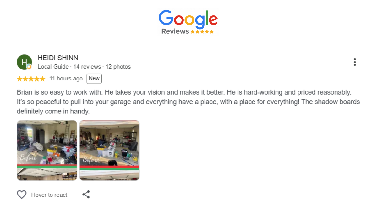Google review with photos from Heidi Shinn for Brian at Orrta Garage Transformation