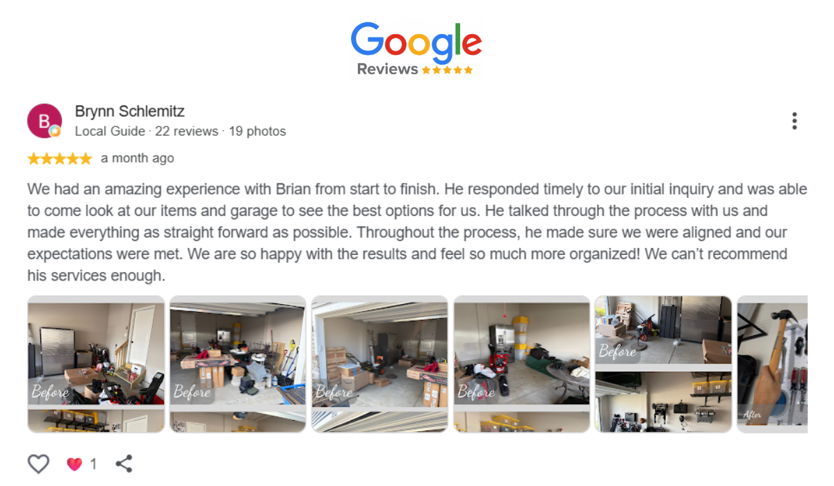 Google review with photos from Brynn Schlemitz for Brian at Orrta Garage Transformation