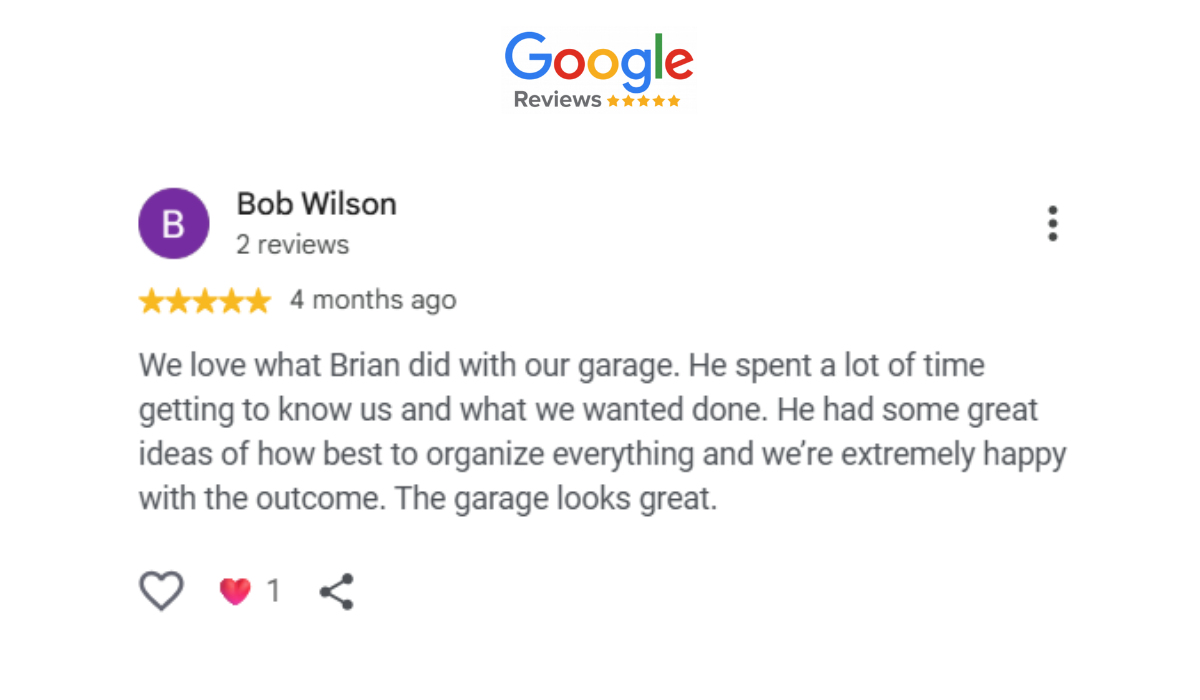 Google review from Bob Wilson for Brian at Orrta Garage Transformation