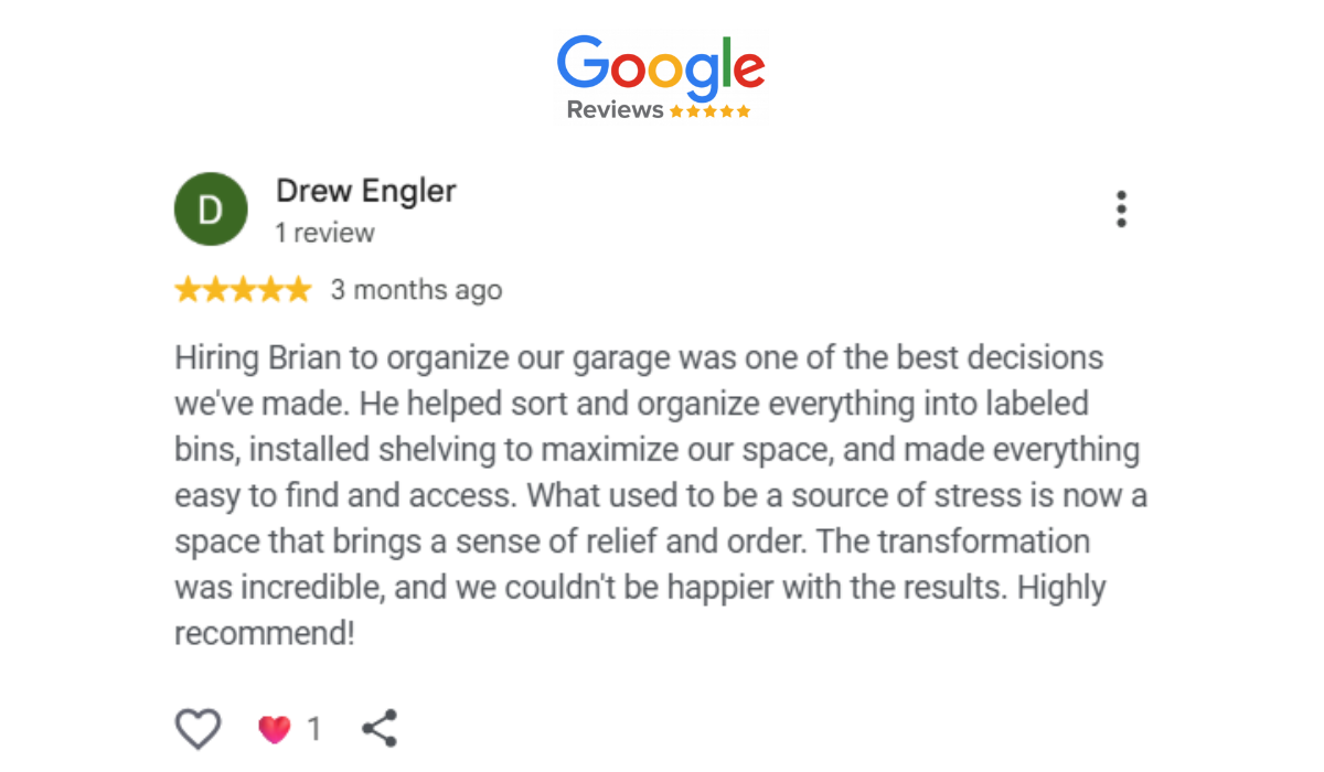 Google review from Drew Engler for Brian at Orrta Garage Transformation