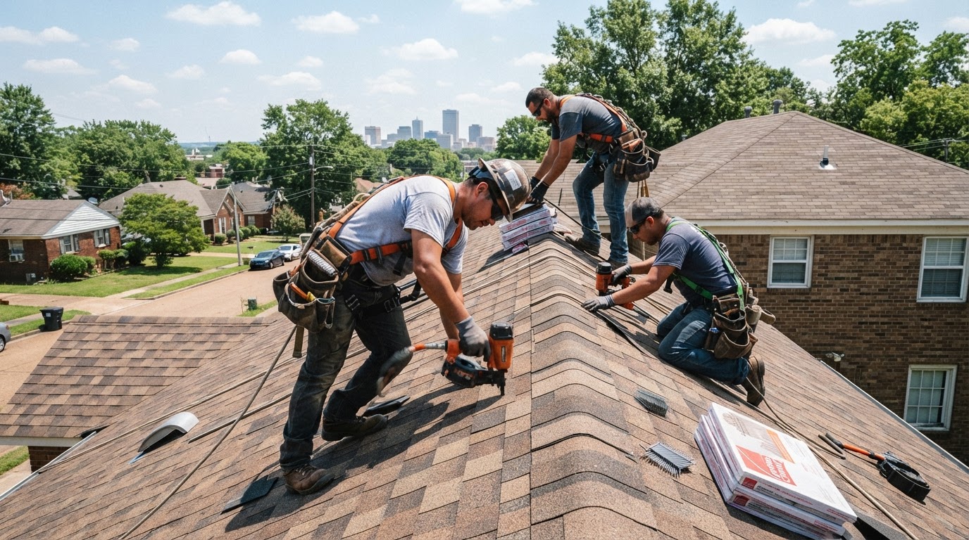 Roofing crew nailing architectural shingles onto a residential roof