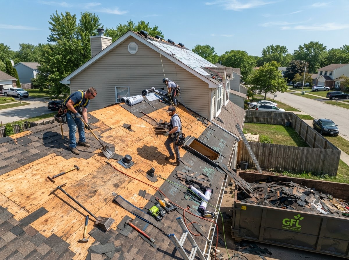 Roof tear-off exposing the deck before new shingle installation