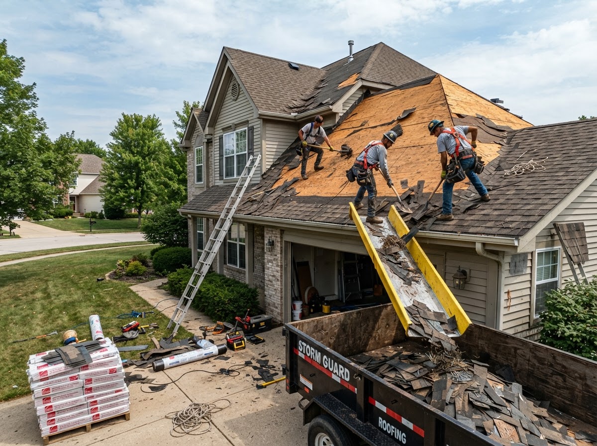 Full roof tear-off exposing the deck before replacement