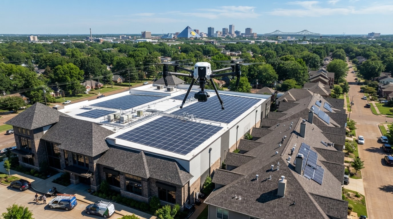 4K aerial drone inspecting a commercial and residential roof in Memphis